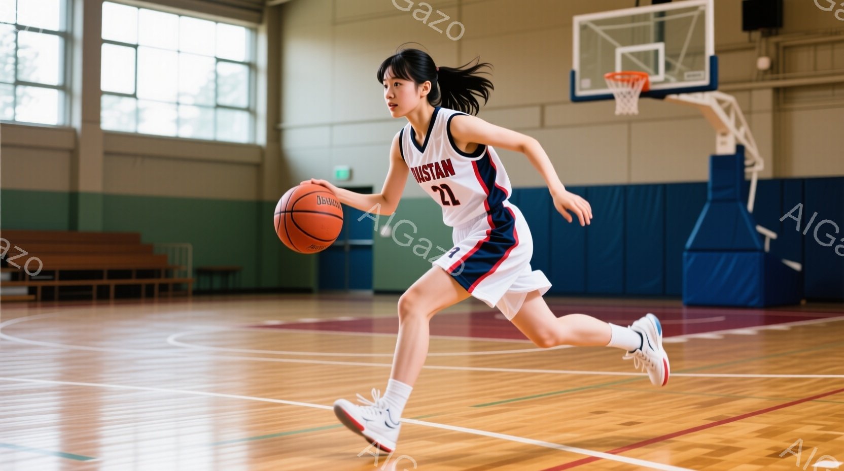 バスケットボールコートを走る女性選手が写っている。彼女は白地に赤と紺のラインが入ったユニフォームと紺色のショートパンツを着用し、ポニーテールで髪をまとめており、集中した表情でドリブルをしている。背景に - AI生成フリー素材