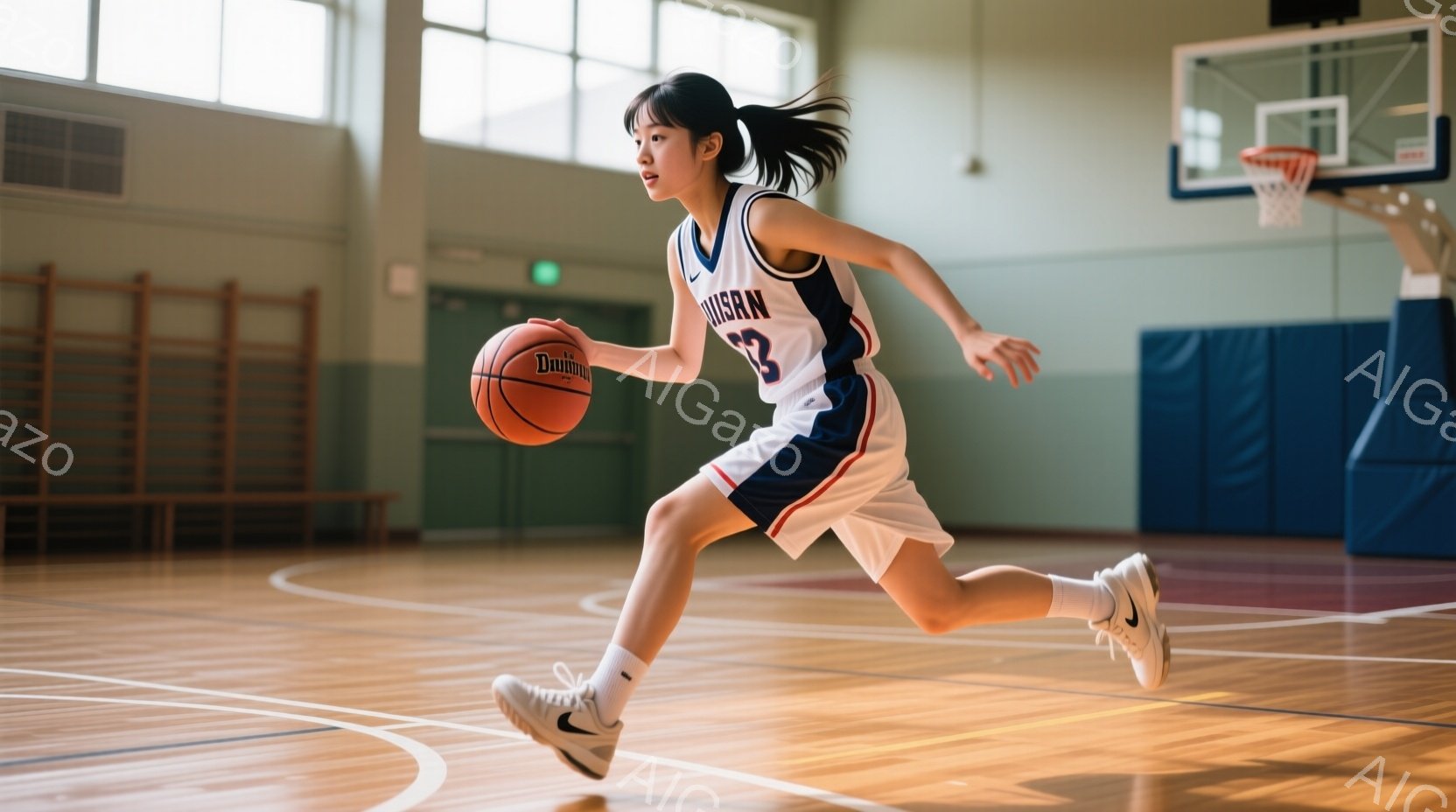 バスケットボールコートを疾走する女性の画像です。彼女は紺と白のユニフォーム、短いポニーテール、そして集中した表情をしています。背景にはバスケットゴールと青い壁があり、体育館の明るい雰囲気の中で、彼女の - AI生成フリー素材