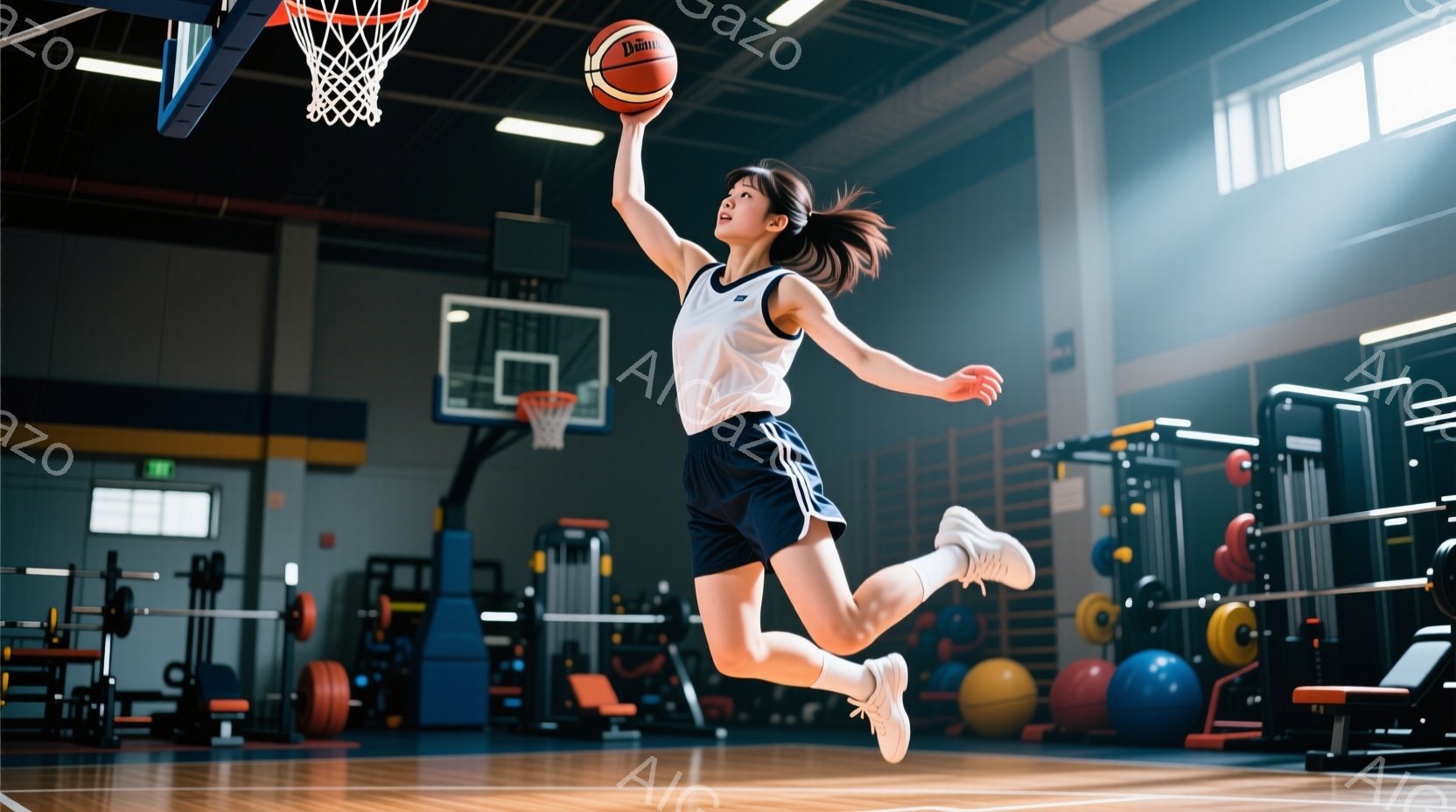 女性はバスケットボールコートでジャンプシュートをしています。白いTシャツと紺色のショートパンツ姿で、髪はポニーテールに結ばれています。背景には、様々なトレーニング器具が並んだジムの様子が見え、明るく活気のある雰囲気です。