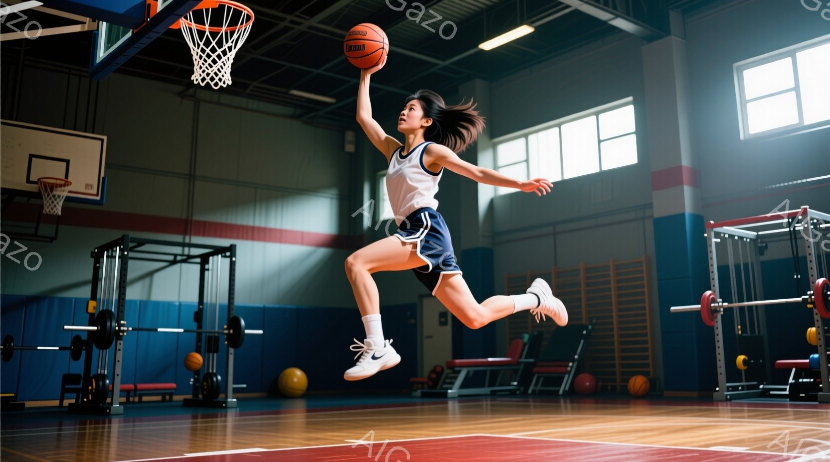 バスケをする女性が、ジャンプシュートの瞬間を捉えられています。彼女は濃い青色のタンクトップと紺色のショートパンツを着用し、高いポニーテールにしています。背景には、ジムのトレーニング機器やバスケットボールが置かれ、明るく活気のある雰囲気が漂っています。