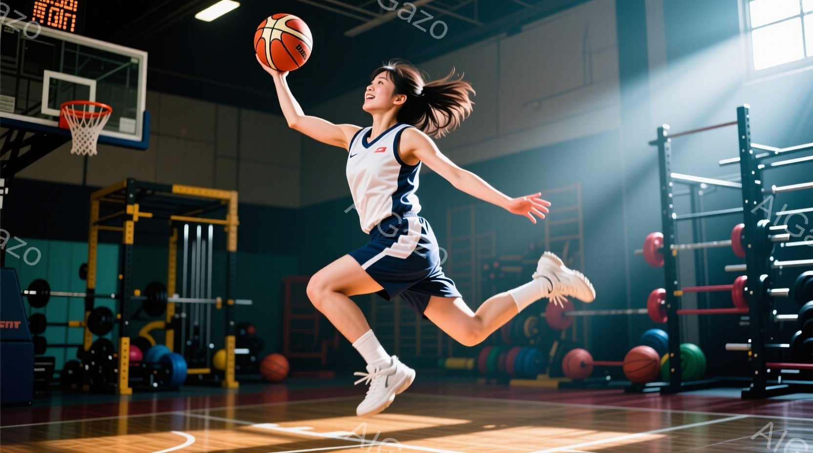 バスケットボールコートでジャンプシュートを放つ女性が写っています。彼女は白いタンクトップと紺色のショートパンツを着用し、髪はポニーテールに結ばれています。背景には、ダンベルやバーベルなどのトレーニング - AI生成フリー素材
