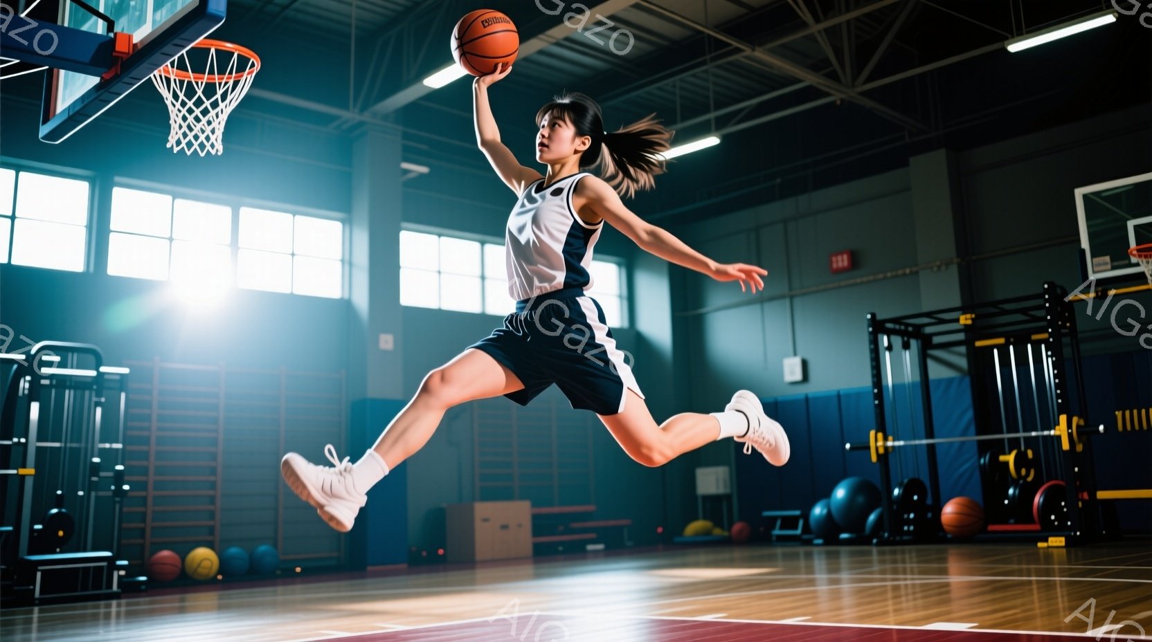 バスケットボールコートでジャンプシュートを放つ女性アスリートが写っている。彼女は白いタンクトップと紺色のショーツ、スニーカーを着用し、髪はポニーテールに結んでいる。コートの背景には、様々なトレーニング器具やバスケットボールが散らばっており、活気のある雰囲気である。
