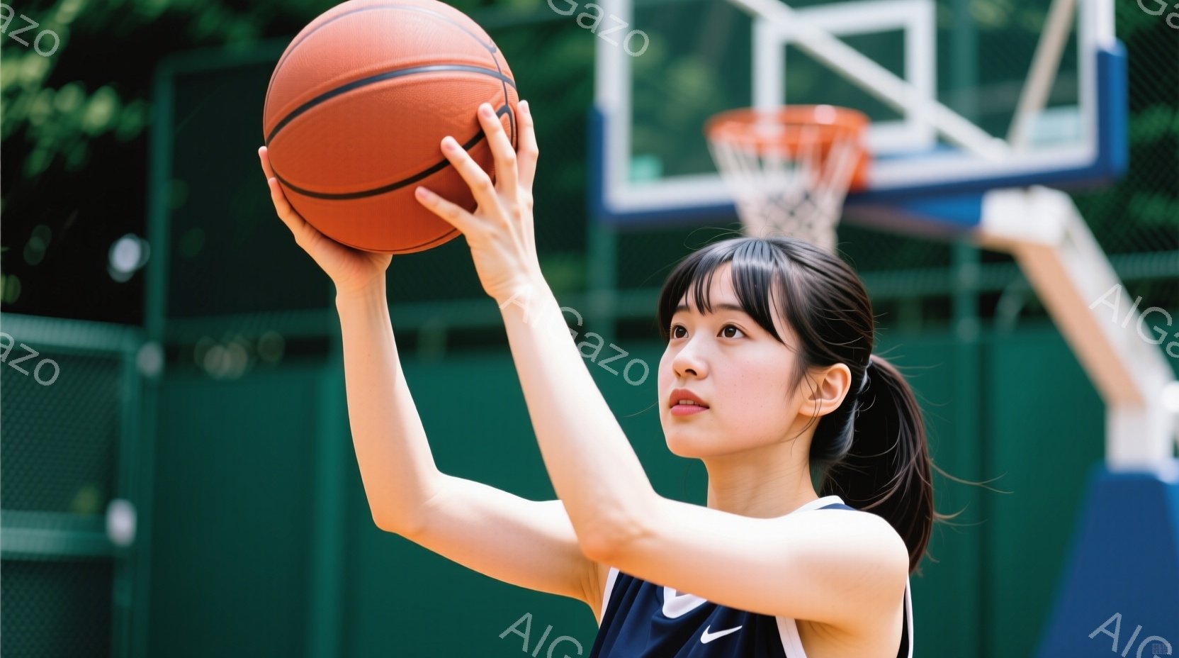 屋外バスケットボールコートでバスケットボールを持つ若い女性を描写しています。彼女はダークトーンのタンクトップとポニーテールで、バスケットボールを頭上に高く掲げています。背景には緑のフェンスとバスケット - AI生成フリー素材