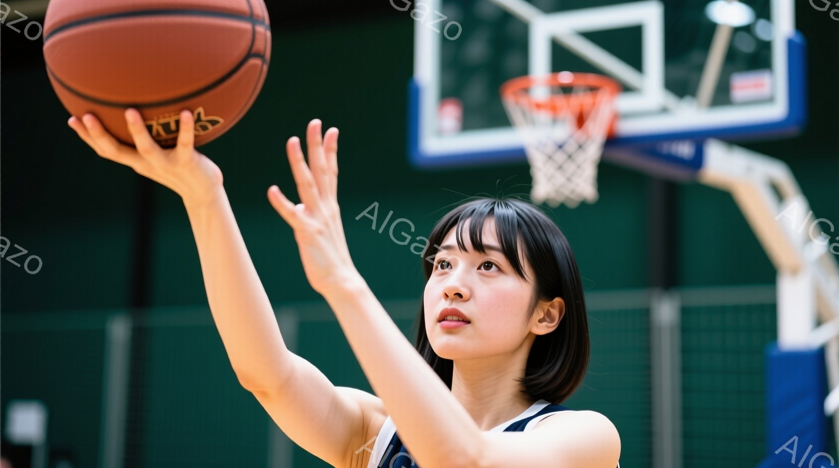 バスケットボールコートでシュートを打つ若い女性が写っています。彼女は紺色と白のバスケットボールユニフォームを着ており、短い黒髪で、集中した表情をしています。背景にはバスケットゴールが見え、コートは緑色 - AI生成フリー素材