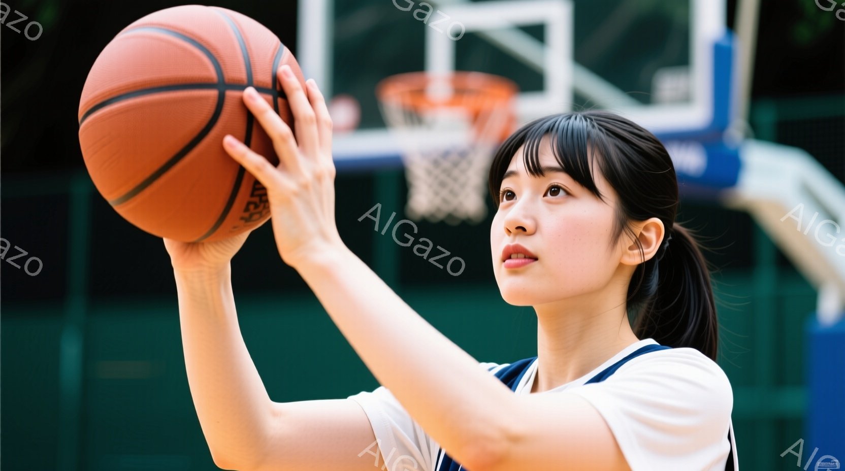 若い女性がバスケットボールを持ってシュートの準備をしている様子が写っている。彼女は白いシャツに紺色のベストを着用し、髪は後ろでポニーテールに結ばれている。背景にはバスケットゴールが見え、屋外のコートで - AI生成フリー素材