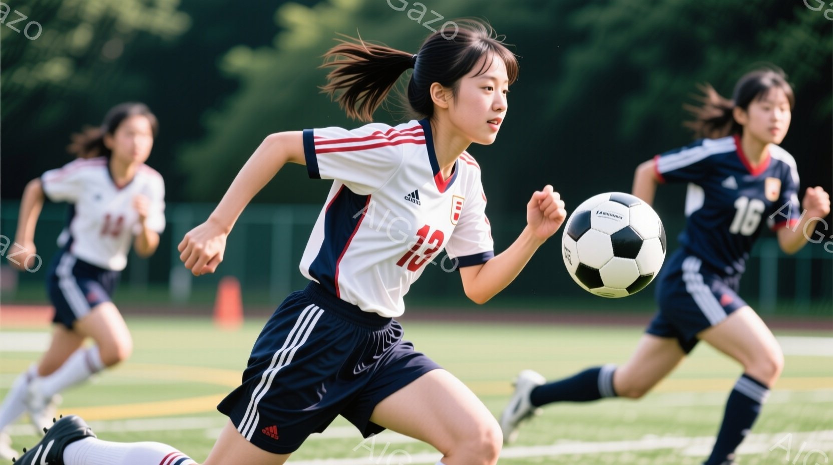 鮮やかな緑のサッカー場を、白と紺色のユニフォームを着た若い女性サッカー選手が疾走している。彼女は黒いポニーテールにし、集中した表情でボールを見つめている。背景には、他の選手と木々が見え、晴天の下、活気 - AI生成フリー素材