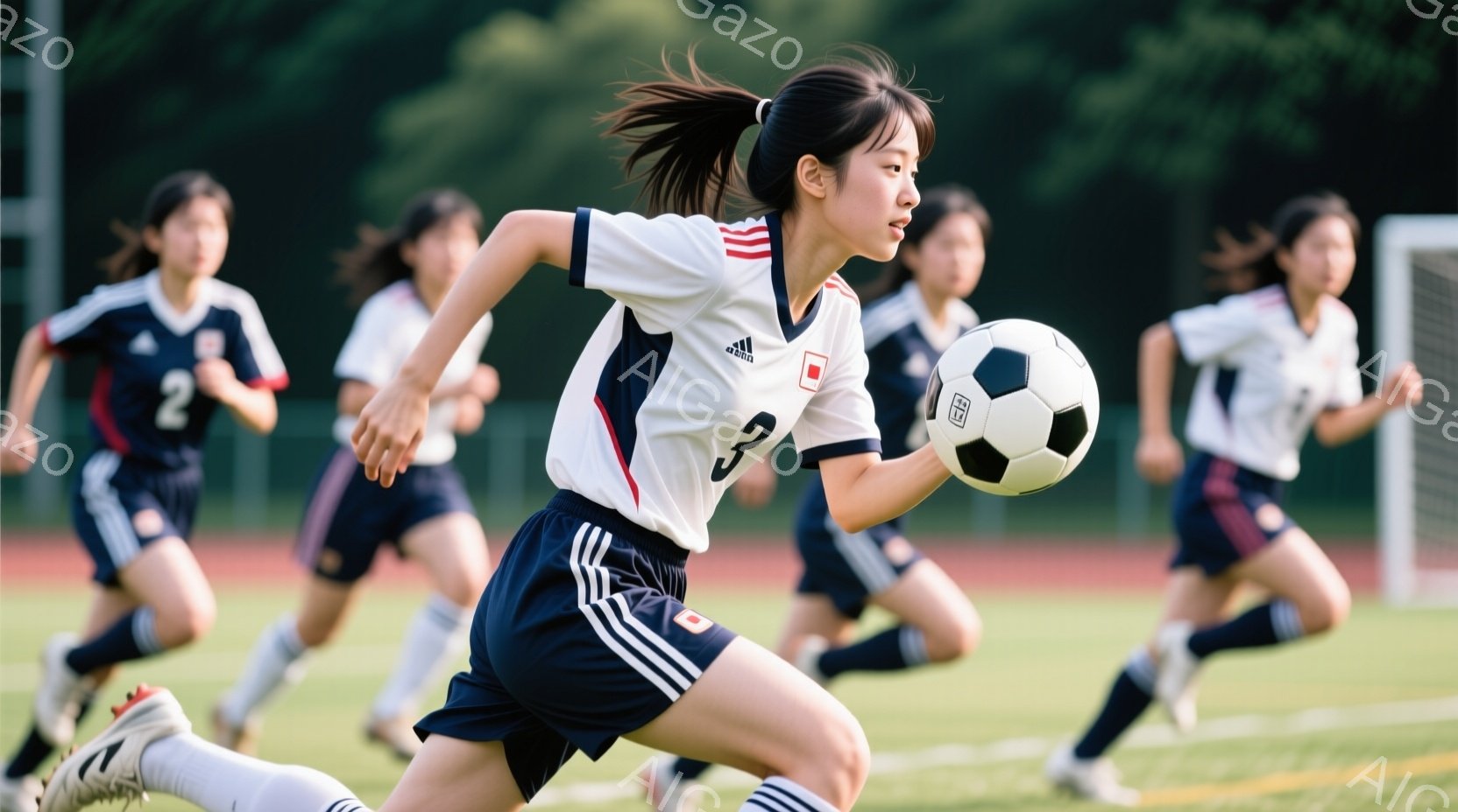 複数の若い女性サッカー選手が、緑の芝生の上を走っている様子が写っている。白いユニフォームに黒いトリムと「3」の番号が書かれた選手が最も目立ち、ボールを運びながら力強く走っている。背景には他の選手たちが - AI生成フリー素材