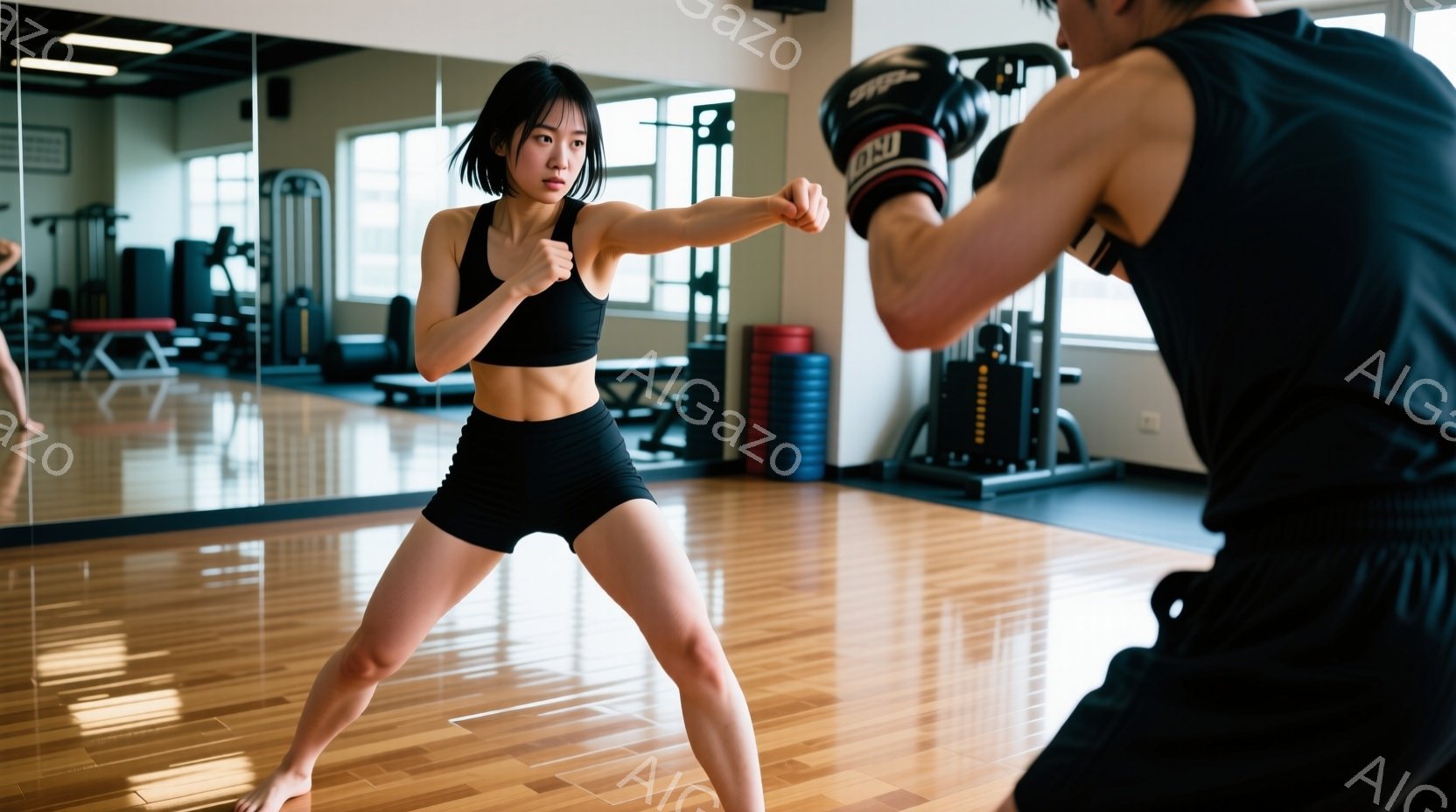 ジムでボクシングの練習をしている女性が写っています。彼女は黒のスポーツブラとショートパンツを着用し、髪は後ろでポニーテールにまとめられています。女性は左手を突き出し、真剣な表情で構え、背景にはトレーニ - AI生成フリー素材