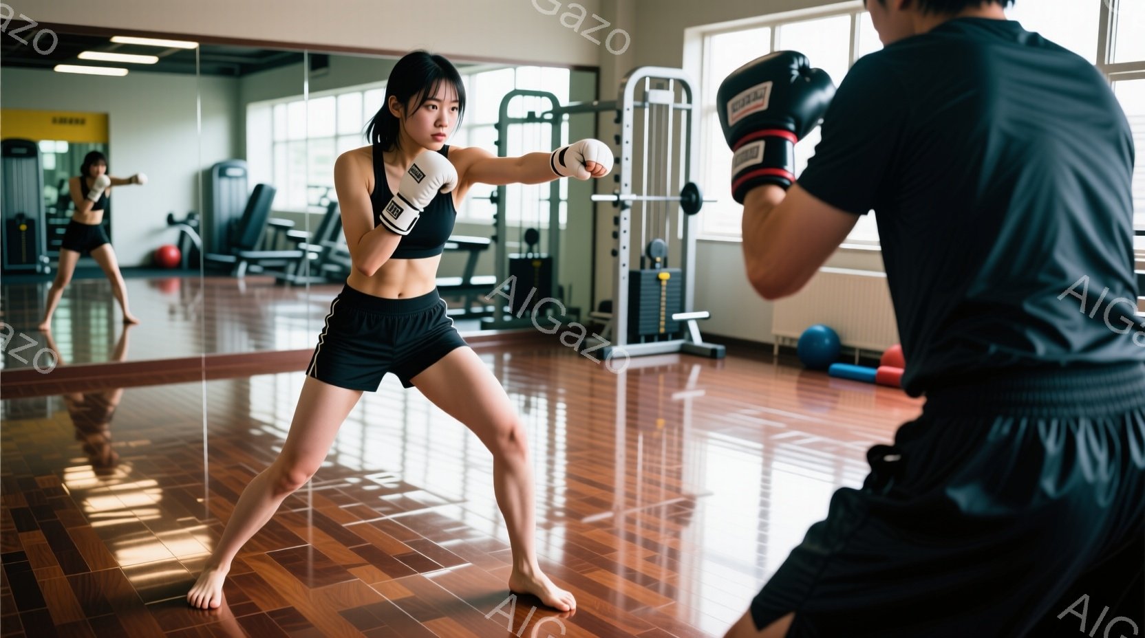 トレーニングジムでボクシングの練習をする女性が写っています。彼女は黒のスポーツブラとショーツを着用し、素足で、左手でストレートパンチを繰り出しています。背景には、鏡と様々なトレーニング器具があり、明る - AI生成フリー素材