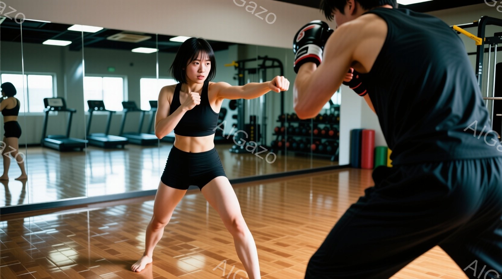 筋トレジムで女性がボクシングの練習をしている写真です。黒いスポーツブラとショートパンツを着用し、素足で構え、右ストレートを繰り出そうとしています。背景にはトレーニングマシンや鏡が並び、明るく清潔な雰囲気です。
