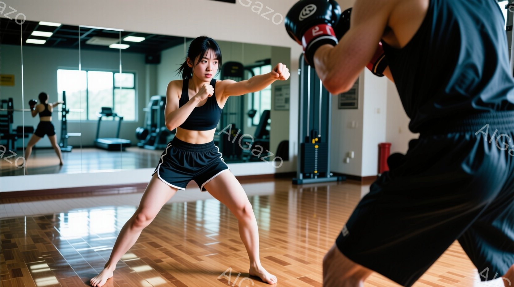 女性は黒のスポーツブラとショーツ姿で、ボクシングの構えを取っています。彼女は左手を前に伸ばし、右手を顔の横に構え、力強い表情で前方に視線を送っています。背景にはジムの鏡とトレーニング器具、そして薄暗い - AI生成フリー素材