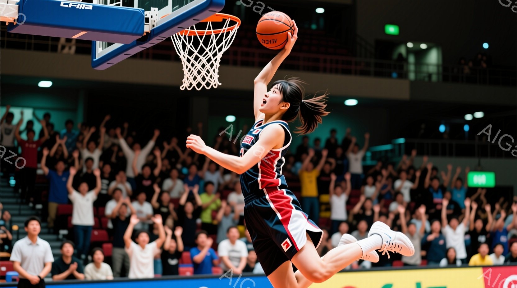 バスケの選手がジャンプしてシュートをしようとしている瞬間を捉えた写真です。彼女は赤、白、黒のストライプが入ったユニフォームと黒のショートパンツ、そして白いスニーカーを着用しており、髪は高い位置でポニー - AI生成フリー素材