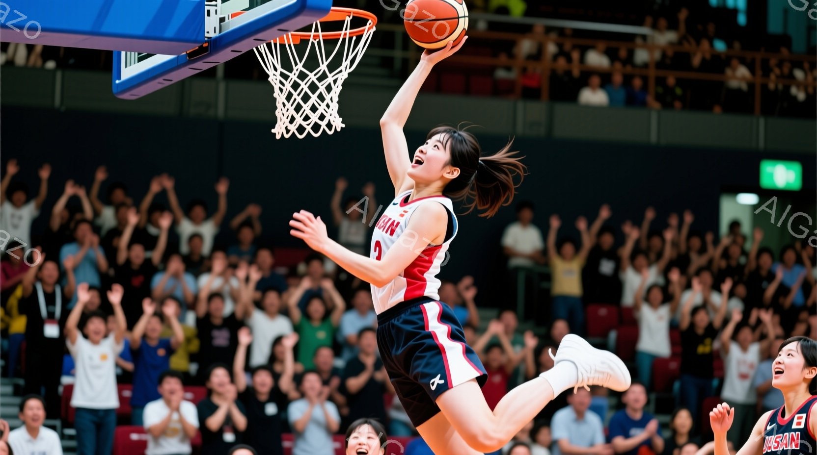 バスケの選手がジャンプシュートを放つ瞬間を捉えた写真です。赤い白のストライプのユニフォームと黒のショートパンツを着用し、髪はポニーテールに結ばれています。背景には観客席が広がり、熱狂的な雰囲気の中、選手は集中した表情でゴールを目指しています。