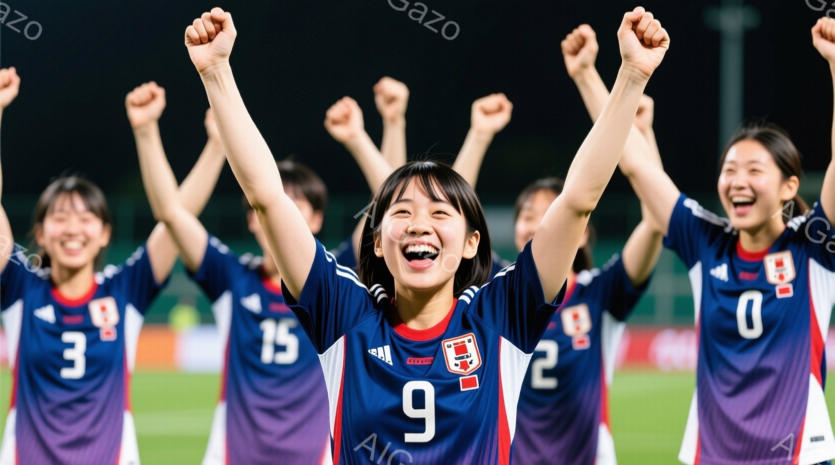 日本の女子サッカー選手たちが歓喜の表情で両手を高く上げている様子が写っている。選手たちは、青と紫のストライプのユニフォームに背番号が書かれ、髪型はショートカットやポニーテールで、顔には笑顔が溢れている。背景は緑のサッカー場であり、夜間の試合かイベントの様子が伺える活気に満ちた雰囲気である。