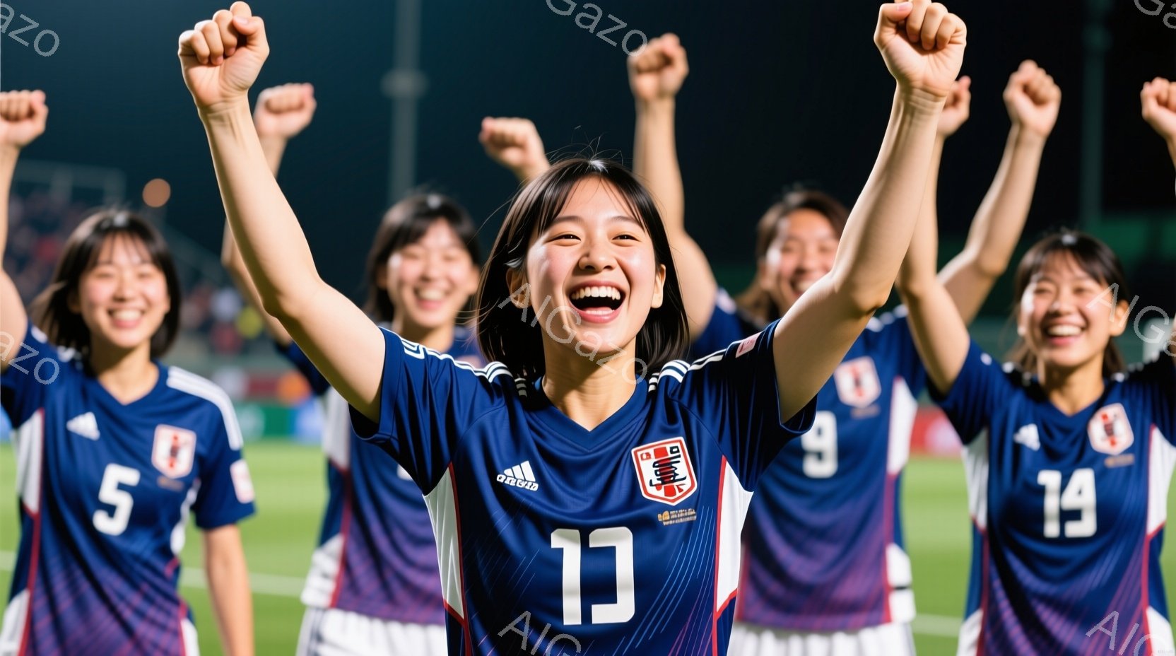 日本の女子サッカー選手たちが勝利を喜び、両手を高く掲げています。選手たちは皆、紺色と紫色のストライプが入ったユニフォームを着ており、それぞれのユニフォームには背番号が書かれています。背景は緑のサッカー場であり、夜間の照明が当たっているため、明るく活気のある雰囲気です。