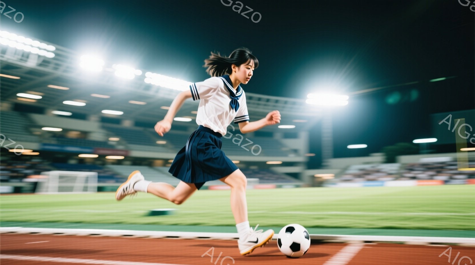 紺色のブレザーとプリーツスカートの制服を着た女子高生が、サッカーボールを追いかけながらトラックを走っている。彼女は髪を後ろでポニーテールにしており、真剣な表情でボールに集中している。背景は夜のサッカー場であり、観客席はぼやけているが、照明が明るく照らしている。