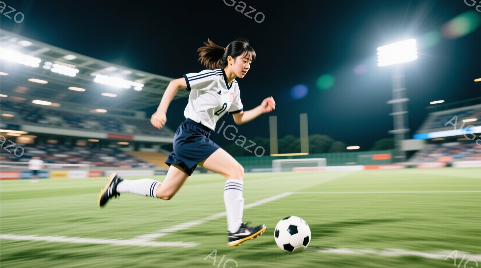 サッカー選手である女性が、緑色の芝生の上をボールと共に走っている様子が写っている。彼女は白と紺色のサッカーユニフォーム、ソックス、スパイクを身につけ、髪は後ろでポニーテールに結んでいる。背景には観客席 - AI生成フリー素材