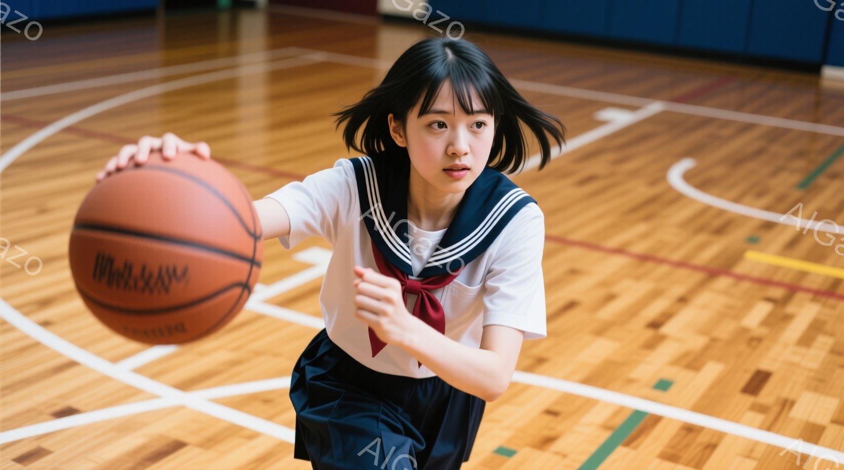 制服姿の若い女性が、バスケットボールを構えながらドリブルしている様子が写っている。彼女は黒髪のショートヘアで、真剣な表情でボールを見つめている。背景はバスケットボールコートで、木製の床と青い壁が確認できる。