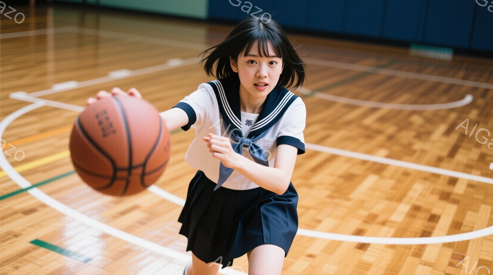 紺色のブレザーとプリーツスカートの制服を着た若い女性が、ドリブルしているバスケットボールを抱え、体育館で走っている様子を捉えています。彼女は前髪を下ろしたショートヘアで、集中した表情でボールを見つめて - AI生成フリー素材
