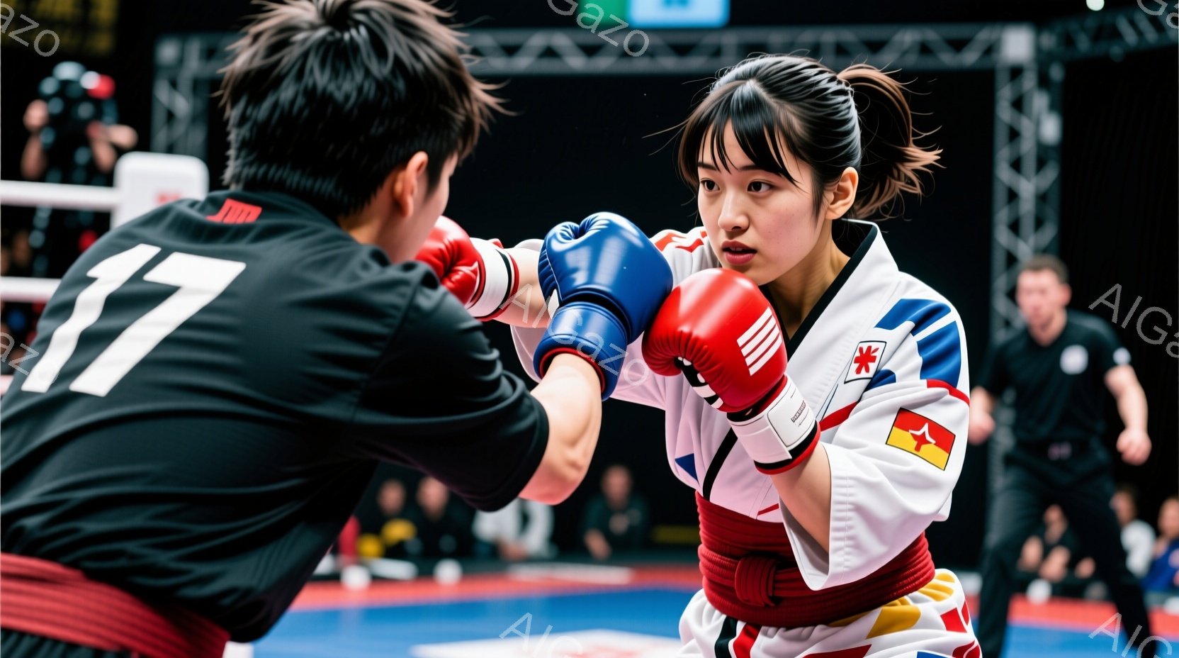 競技場のような場所で、一人の女性と一人の男性が向かい合って格闘技の試合をしている様子が写っている。女性は白い道着に赤い帯、赤いグローブと青いグローブを着用し、髪を後ろで束ねている。彼女は強い決意を込めた表情で、右手を前に出し、攻撃の準備をしている。