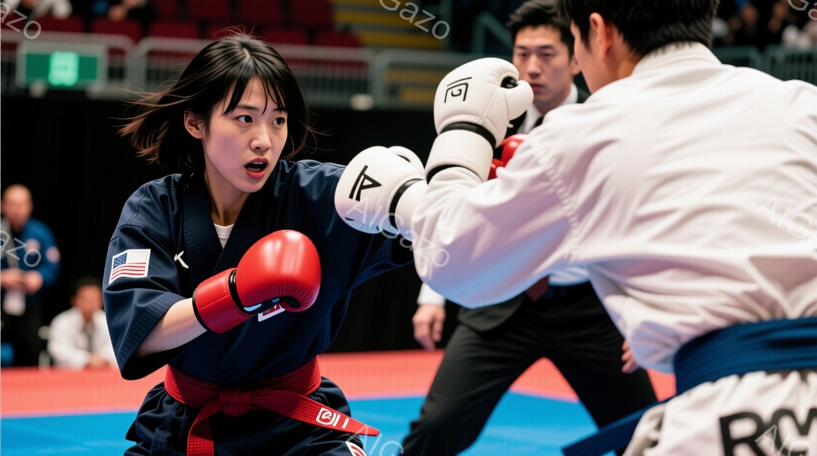 競技中の空手選手の様子を捉えています。女性選手は紺色の空手着に赤い帯、赤いグローブを着用し、右拳を前に突き出しています。背景には他の選手や観客が見え、競技場のような場所で、緊張感と躍動感のある雰囲気が漂っています。