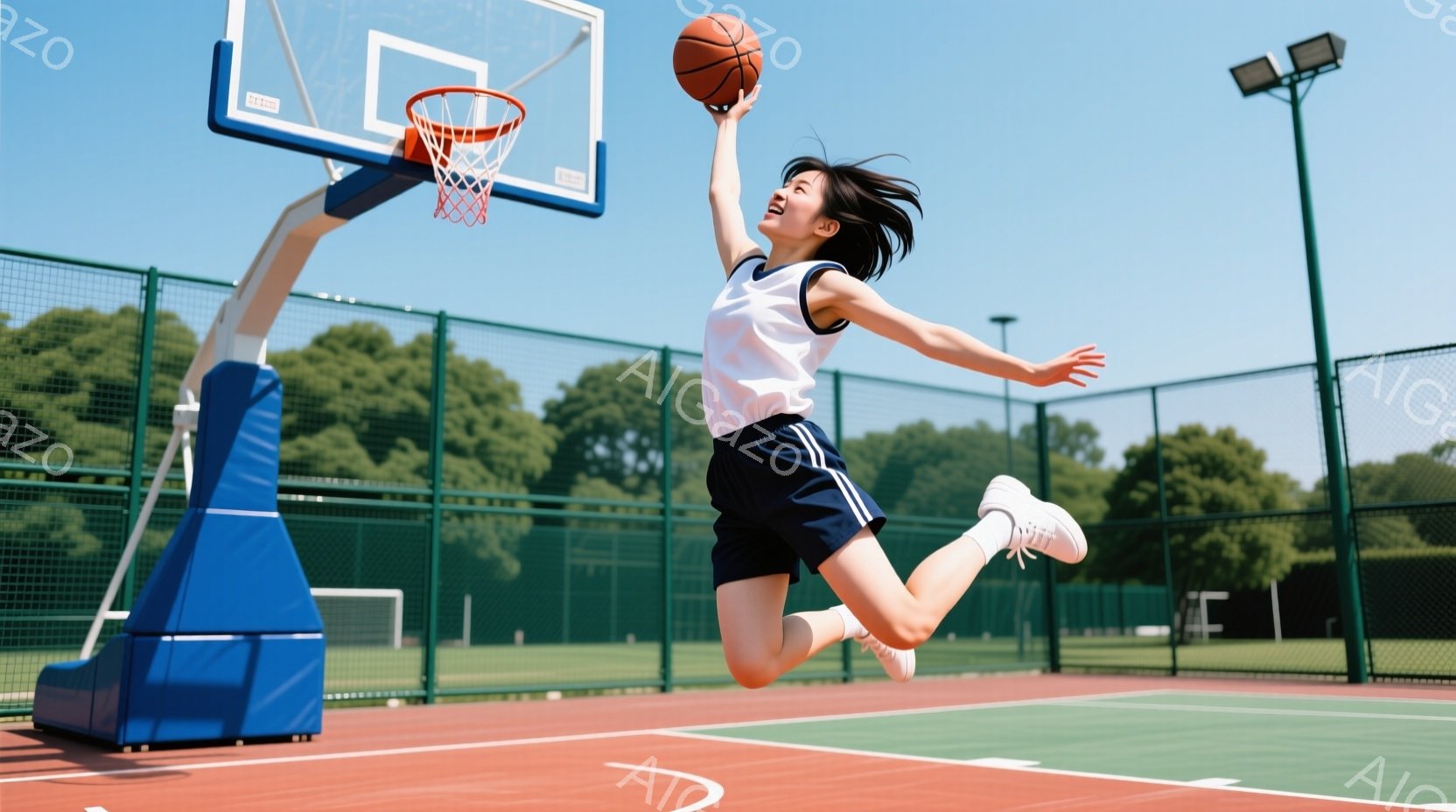 バスケットボールコートで、若い女性がジャンプシュートを放とうとしている瞬間を捉えた写真です。彼女は白いTシャツと紺色の短パン、白いスニーカーを着用し、髪は後ろでポニーテールにまとめています。背景には緑 - AI生成フリー素材