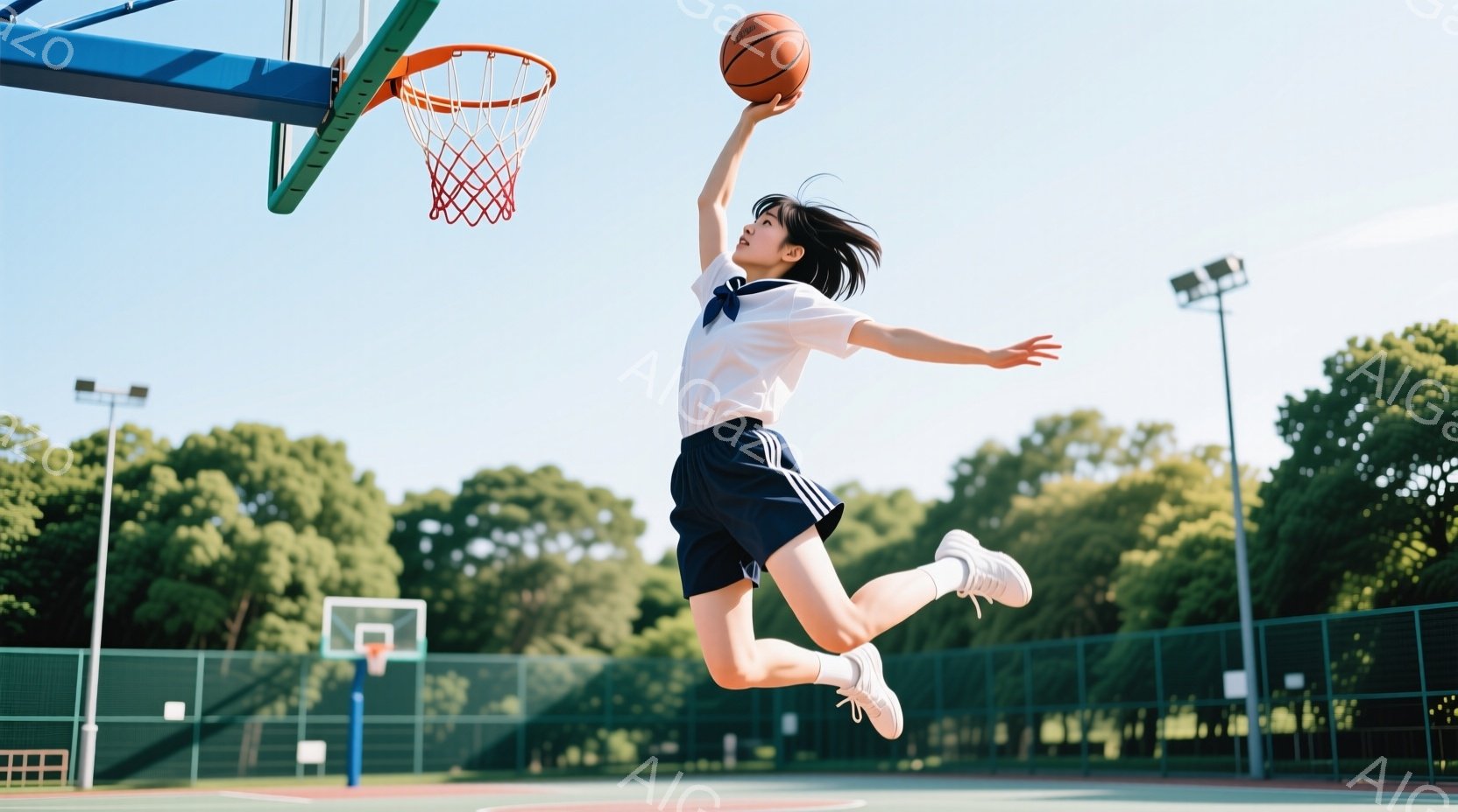 バスケットボールコートでジャンプシュートを放つ女子高生が写っている。白いセーラー服に紺色のスカート、白いスニーカーを履き、髪をポニーテールにしている。背景には緑豊かな木々と青空が広がり、晴れた日のアクティブな雰囲気が漂う。