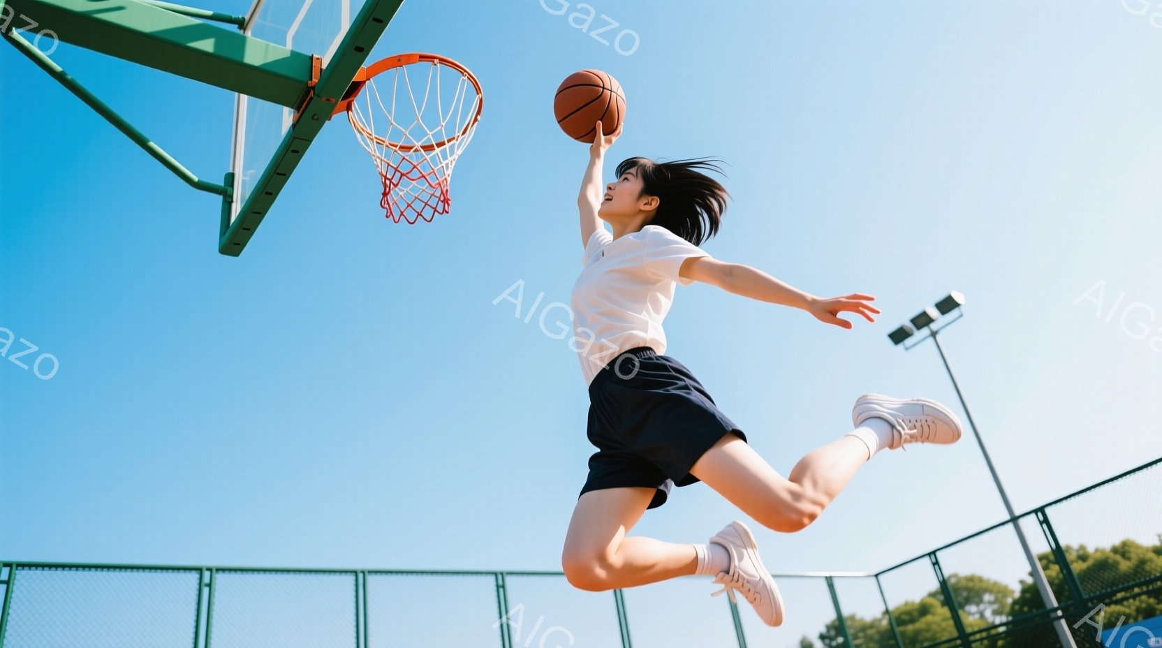 空中でバスケットボールのシュートを決める女性が写っています。彼女は白のTシャツ、紺色の短い運動着、白いスニーカーを着用し、髪は後ろでポニーテールに結ばれています。背景にはバスケットボールコートと青空が - AI生成フリー素材