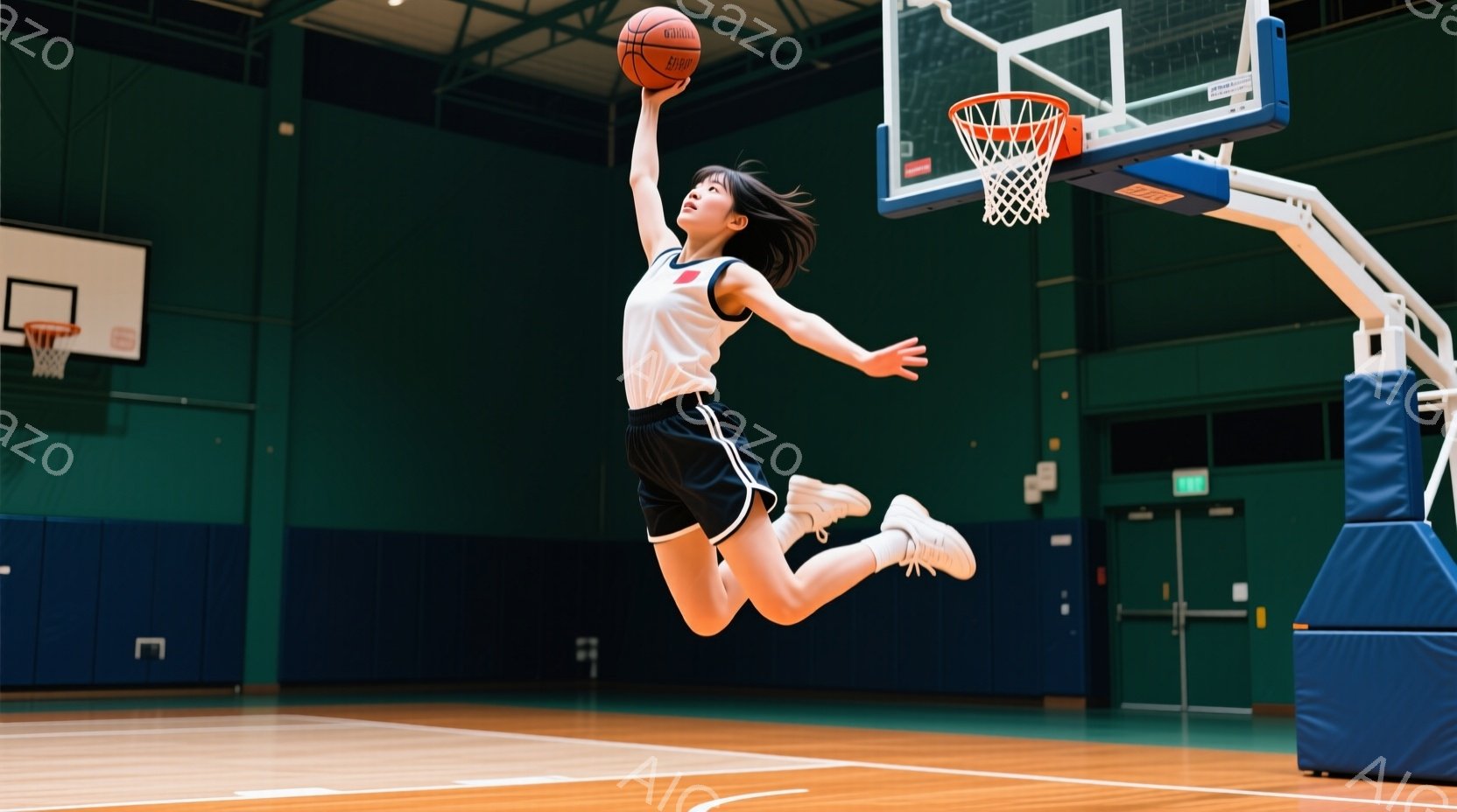 バスケコートでジャンプシュートを放つ女性が写っています。彼女は白いタンクトップと黒いショートパンツ、白いスニーカーを着用し、髪は後ろでポニーテールに結ばれています。背景は体育館内部で、観客席や壁などが確認でき、活気のある雰囲気です。