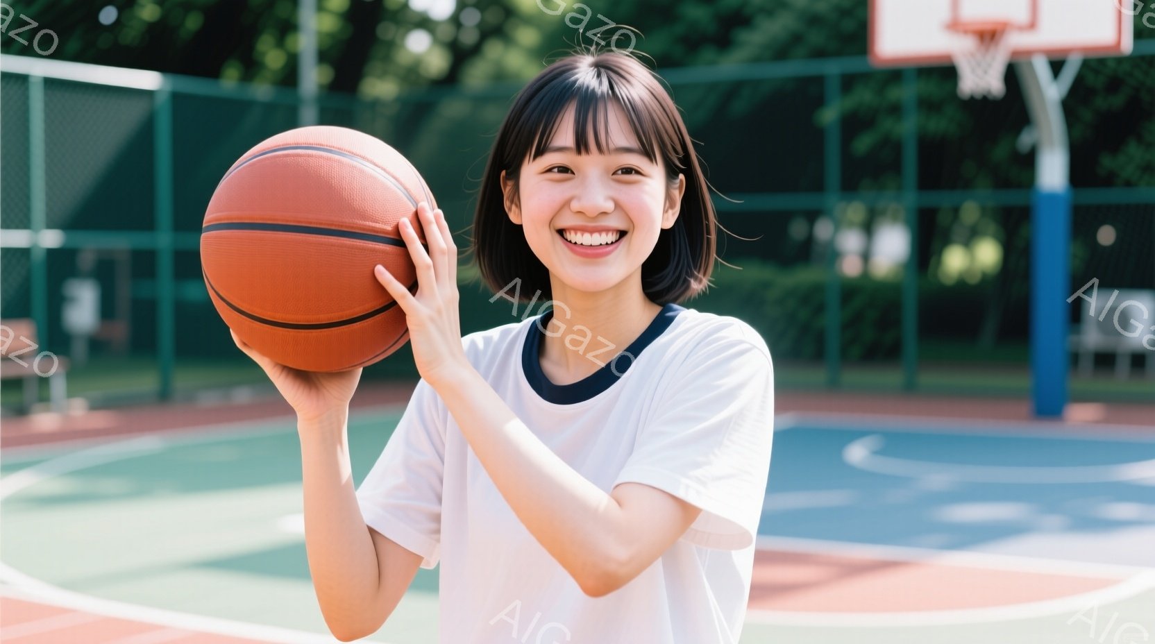 短い黒髪の前髪が特徴的な若い女性が、バスケットボールを両手で抱えています。白いTシャツにネイビーのラインが入っており、明るい笑顔を浮かべています。背景はバスケットボールコートで、緑の木々が見え、晴れた日の屋外の様子が伝わってきます。