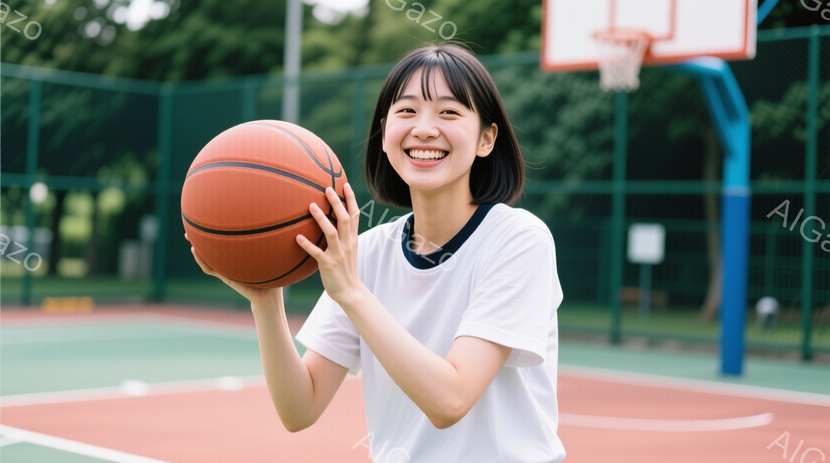 若い女性がバスケットボールを持って笑顔で立っています。白いTシャツに黒いラインが入り、前髪を活かしたショートヘアが特徴です。背景はバスケットボールコートで、緑豊かな木々が見え、晴れた日の穏やかな雰囲気 - AI生成フリー素材