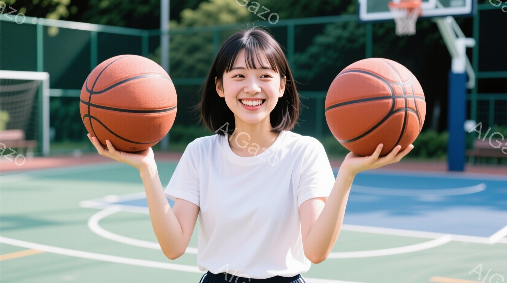 短い黒髪で前髪を下ろした女性が、両手にバスケットボールを持ち、満面の笑みを浮かべています。白いTシャツと紺色のパンツ姿で、背景にはバスケットゴールとコートが見え、晴れた日の屋外で撮影されたようです。明 - AI生成フリー素材
