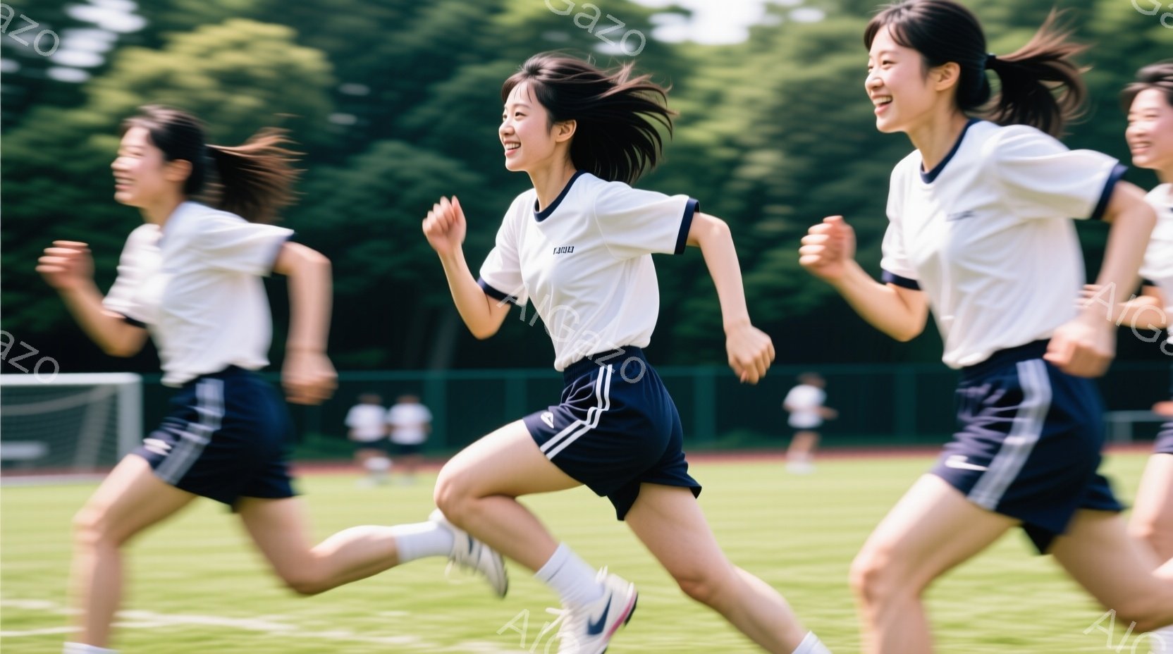 複数の若い女性が芝生のフィールドを走っている様子が写っている。白い半袖シャツと紺色のショートパンツ、そして白い靴下とスニーカーを着用し、髪はポニーテールにしている。彼女たちは皆笑顔で、活気に満ちた、エ - AI生成フリー素材