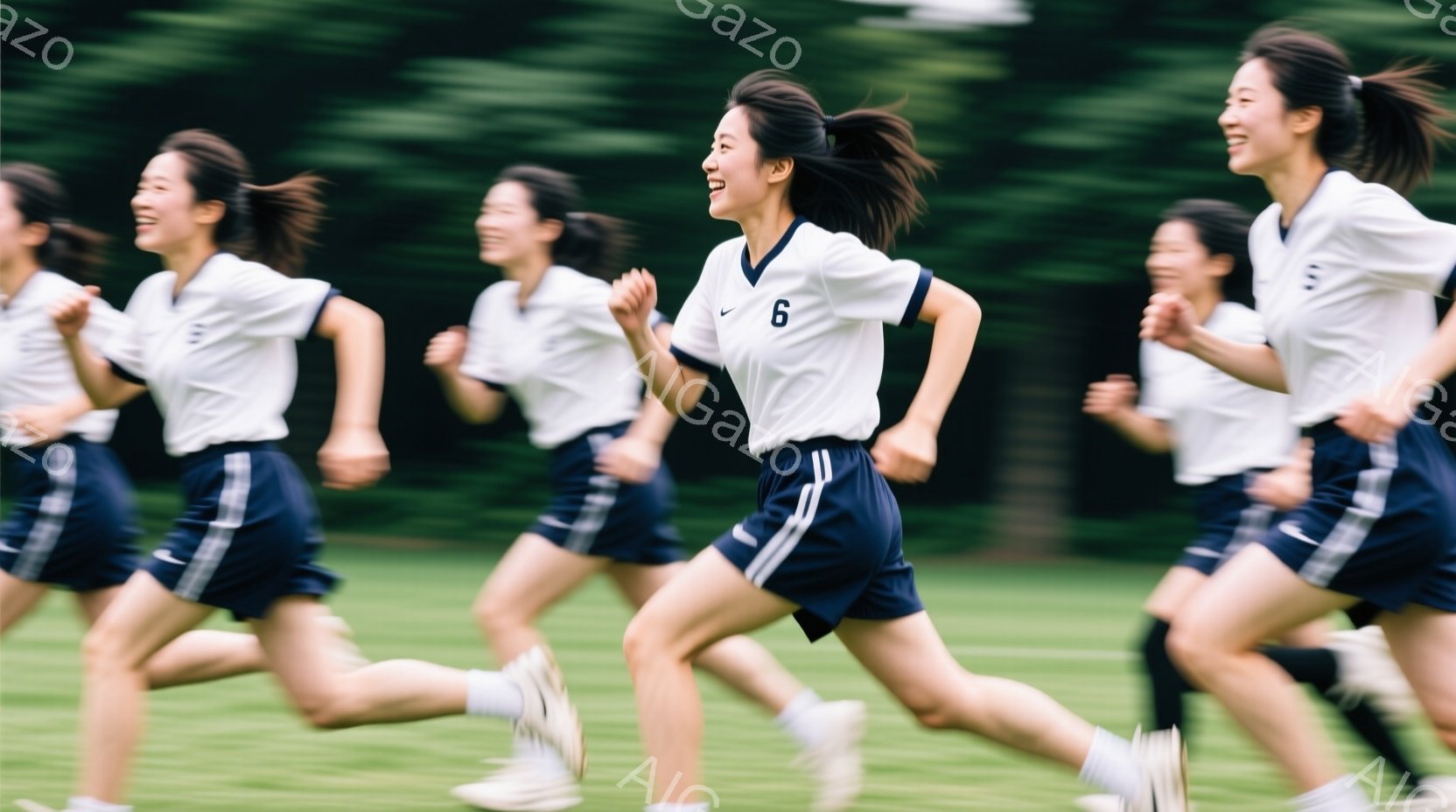 紺色のショートパンツと白いTシャツを着た若い女性たちが、緑の芝生の上を走っている様子が写っている。彼女たちは皆笑顔で、活気に満ちた雰囲気を醸し出しており、白い運動靴を履いている。背景にはぼやけた緑の木 - AI生成フリー素材