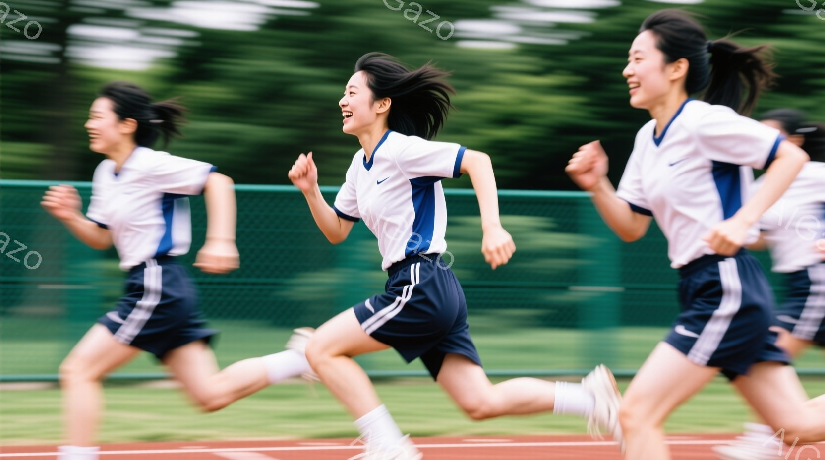 陸上競技場で走る女性たちが写っている。白い短袖シャツと紺色の短パン、白いソックスとスニーカーを着用し、皆笑顔で、躍動感のある姿勢で走っている。背景には緑豊かな木々やフェンスが見え、晴れた日の爽やかな雰 - AI生成フリー素材
