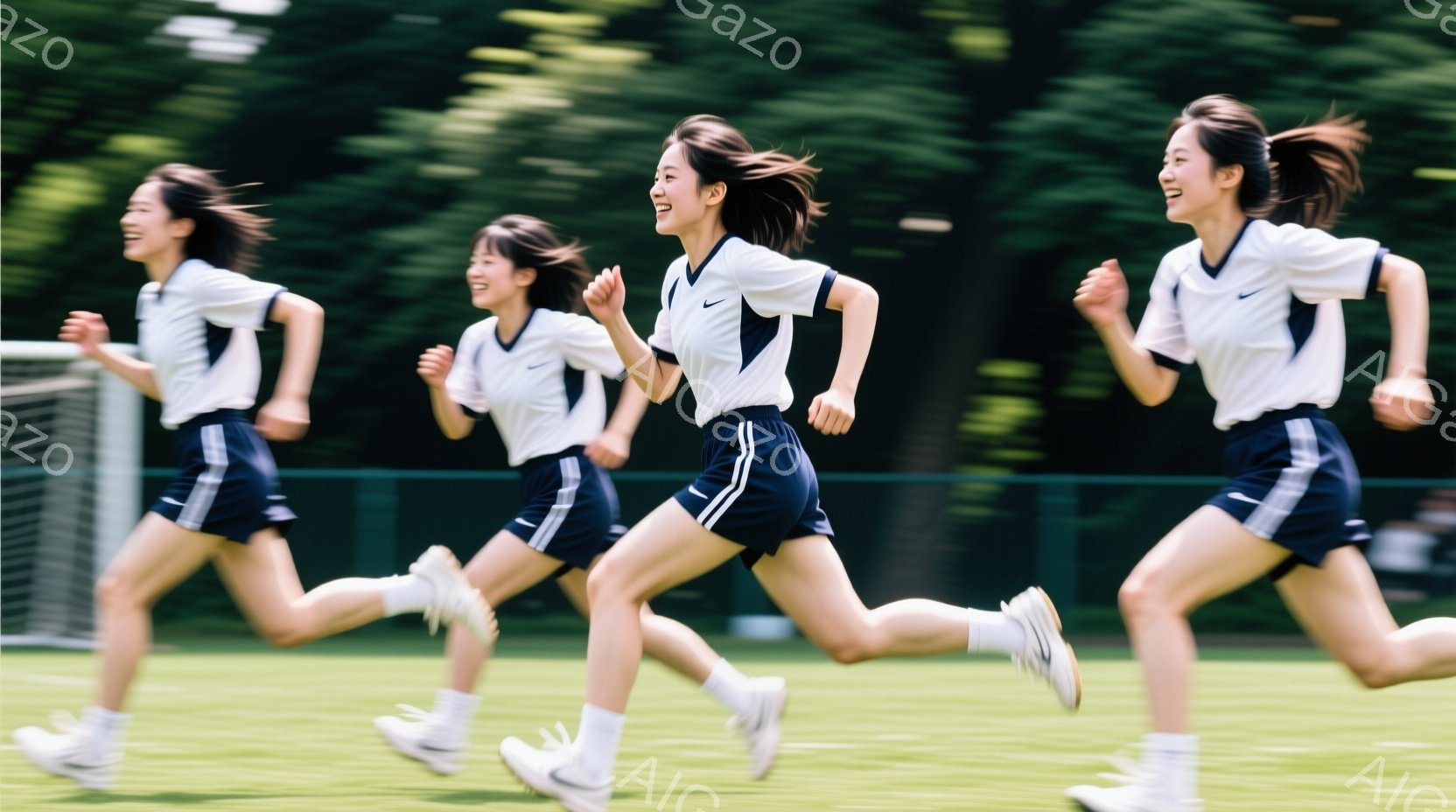紺色のトラックと白いシャツを着た若い女性たちが、緑の芝生の上を走っている。彼女たちは皆、ポニーテールで、笑顔で走り、エネルギーに満ち溢れている。背景には緑豊かな木々が見え、晴れた日の活気のあるスポーツ - AI生成フリー素材