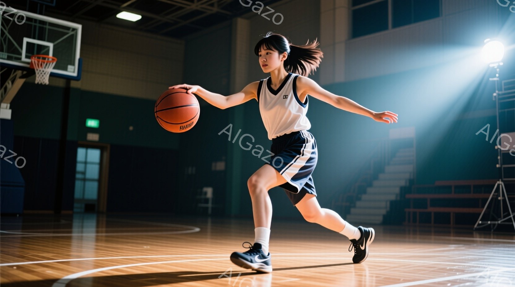 バスケをする若い女性が写っています。白いタンクトップと紺色のショートパンツ、白いソックス、黒いスニーカーを身につけ、ポニーテールにしています。彼女はドリブルしながらコートを走り、集中した表情でボールを - AI生成フリー素材