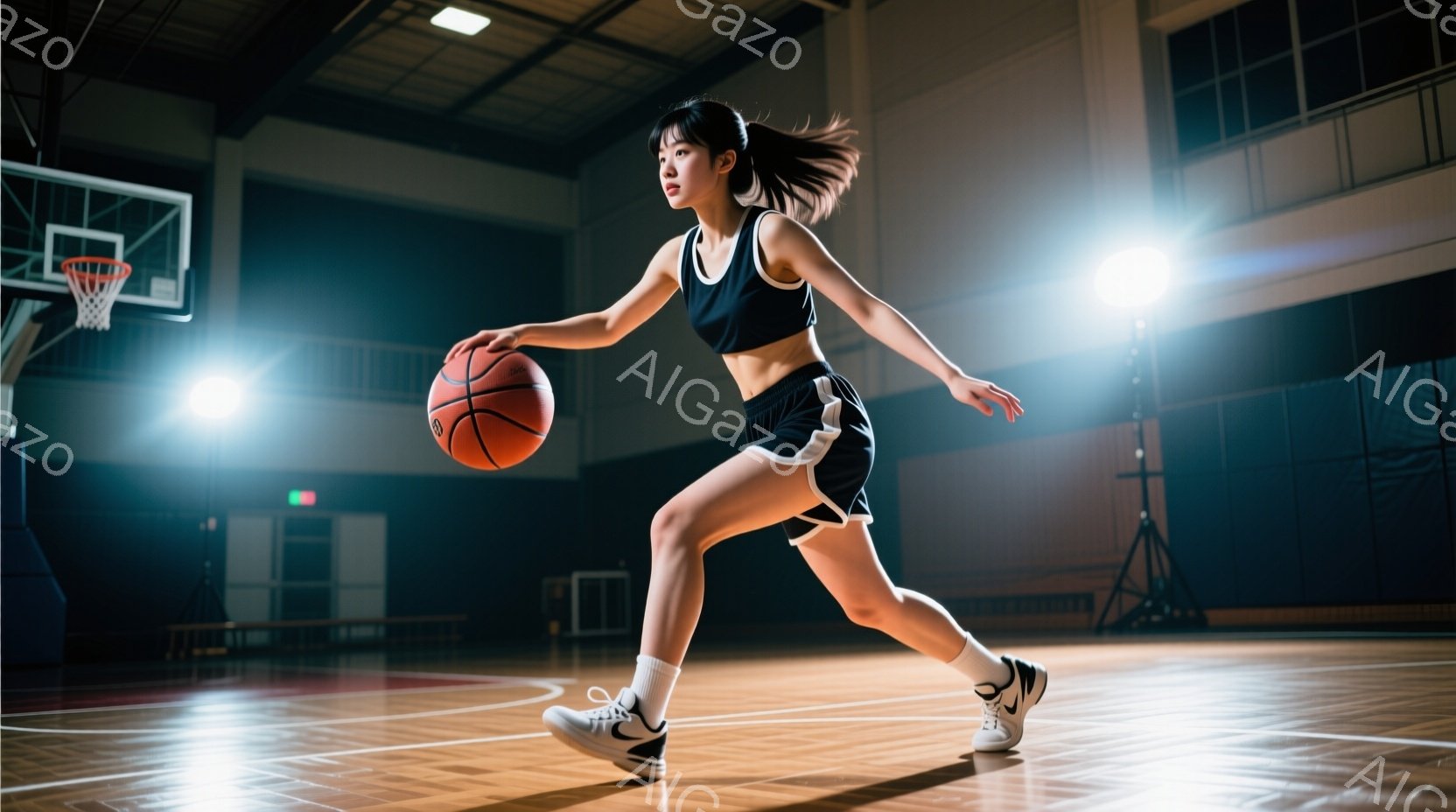 バスケットボールコートを疾走する女性アスリートが写っている。彼女は黒のスポーツブラと黒いショートパンツ、白いソックスとスニーカーを身につけ、ポニーテールにしている。コートは木製で、背景には観客席と照明 - AI生成フリー素材