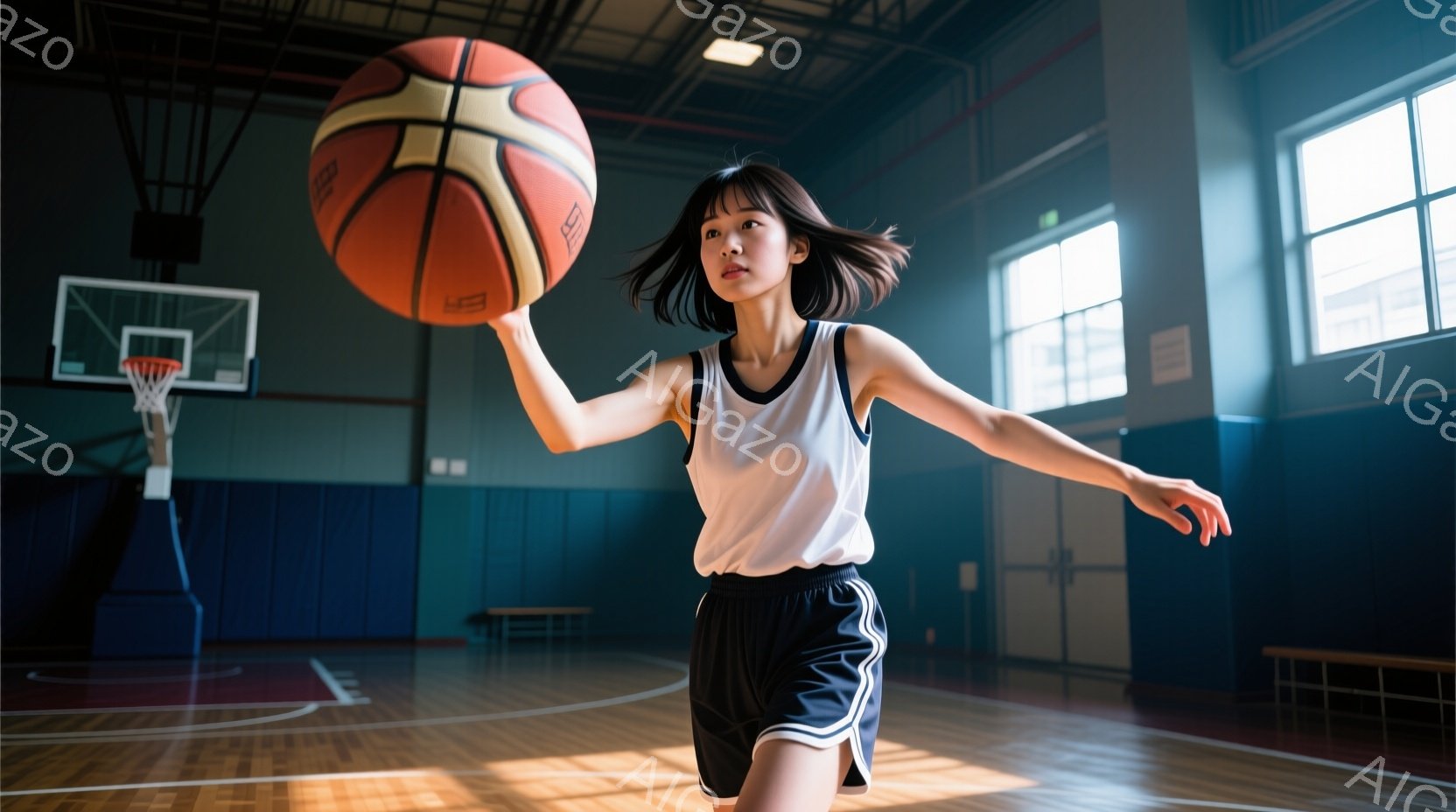 彼女はバスケットボールコートでドリブルをしている若い女性で、白いタンクトップと黒いショートパンツを着用し、ダークブラウンの髪を肩の長さでカットしています。彼女はボールを持って前に進み、動きのある姿勢で - AI生成フリー素材