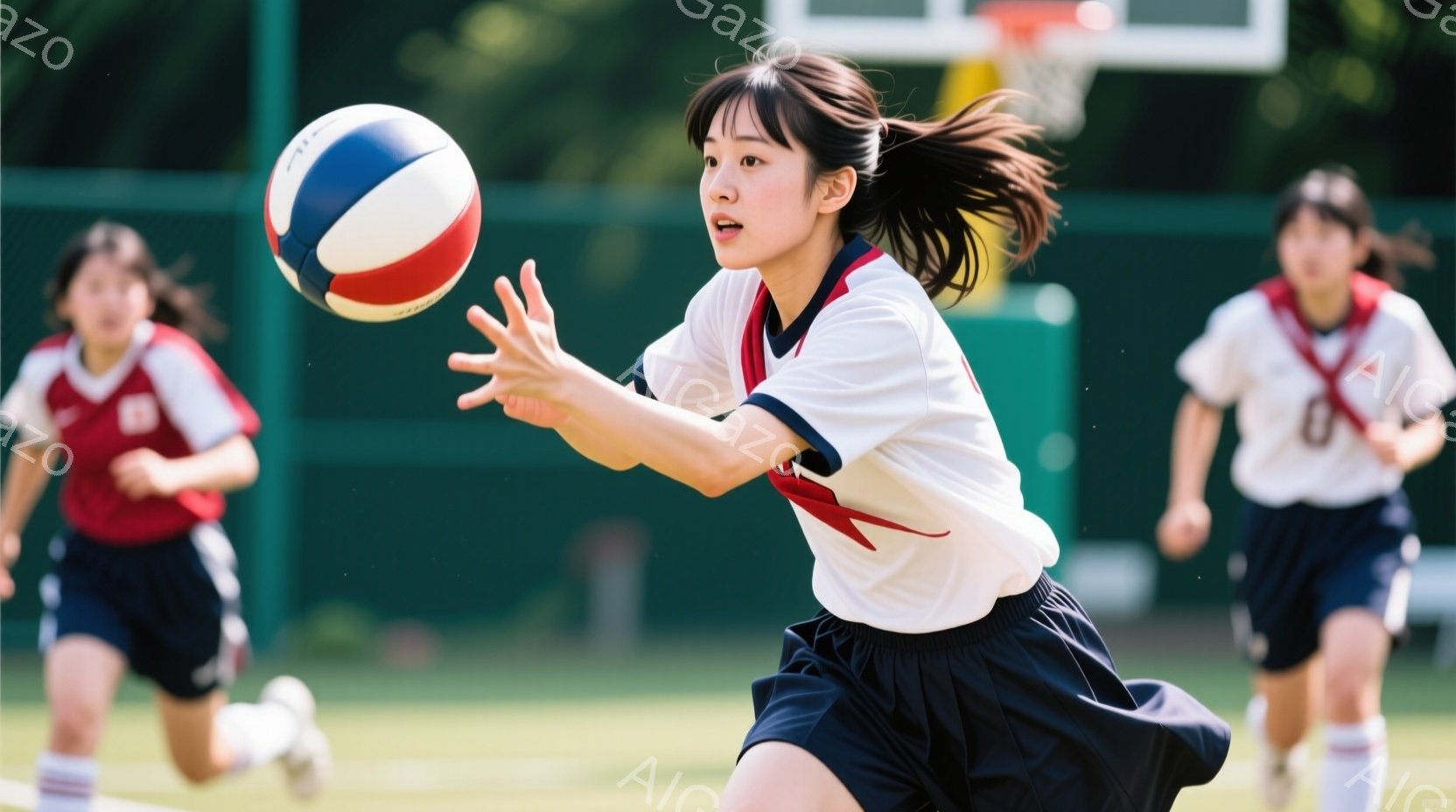 短いスカートと白い襟付きのシャツを着た女性が、空中でバレーボールをキャッチしようとしています。彼女は髪を高くポニーテールにし、集中した表情で、動きのあるポーズをとっています。背景には緑の芝生と、ぼやけ - AI生成フリー素材