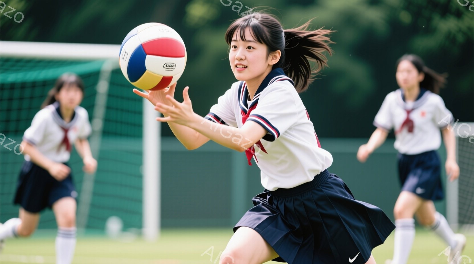 青空の下、緑の芝生の上でバレーボールをする女子高生たちを捉えています。一人の女子高生は白いシャツと黒のスカート、白いソックスを着用し、髪をポニーテールにして、ボールを投げる動作をしています。背景には他 - AI生成フリー素材