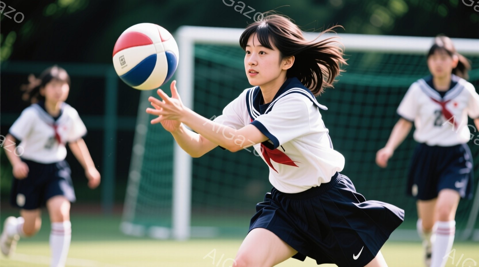 制服姿の女子学生が、青い空の下、芝生のフィールドでバスケットボールをキャッチしようとしている瞬間を捉えた写真です。彼女は白いシャツに紺色のスカート、そして長い髪を後ろで結んでいます。背景には、他の制服 - AI生成フリー素材