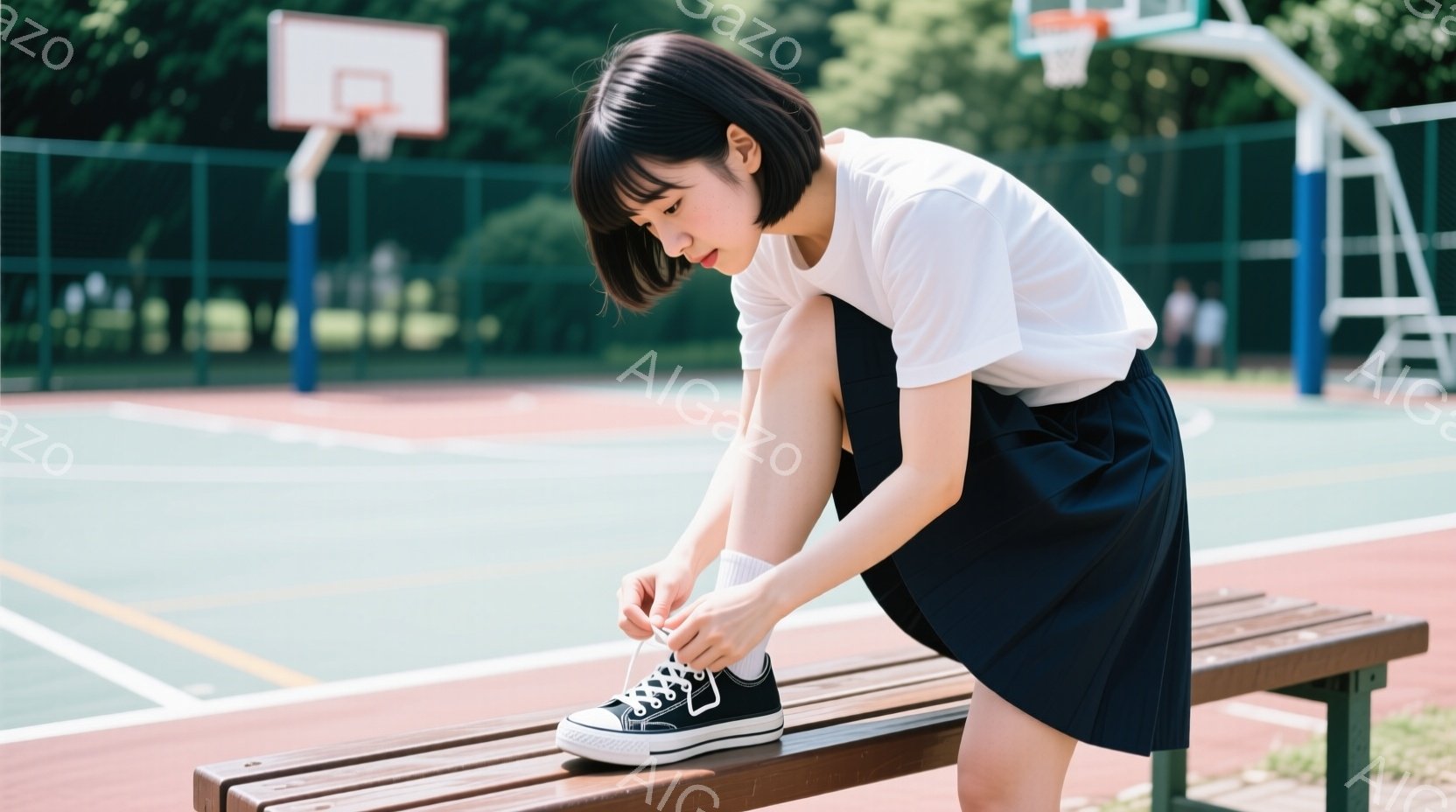 短い黒髪の少女が、屋外のバスケットボールコートに設置されたベンチに座り、スニーカーの靴紐を結んでいます。白いTシャツに紺色のスカートを着用しており、姿勢は少し前かがみです。背景には緑豊かな木々があり、 - AI生成フリー素材
