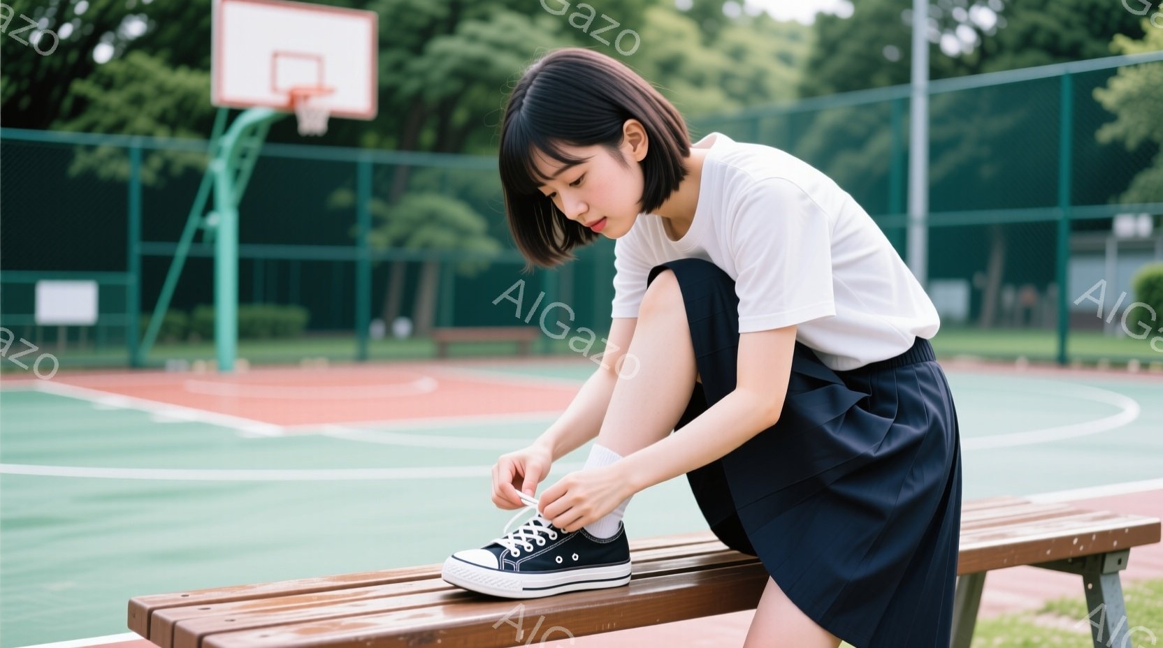 短い黒髪の女性が、屋外のバスケットボールコート脇のベンチに座り、スニーカーの靴紐を結んでいます。白いTシャツと紺色のスカートを身につけ、少し伏し目がちで集中した表情をしています。背景には緑豊かな木々と - AI生成フリー素材