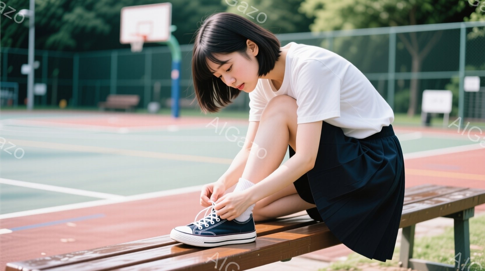 短い黒髪の少女が、屋外のバスケットボールコート脇のベンチに座り、スニーカーの靴紐を結んでいます。白いTシャツと紺色のスカートを身につけ、膝を曲げて少しうつむき加減で集中した表情をしています。背景には緑 - AI生成フリー素材