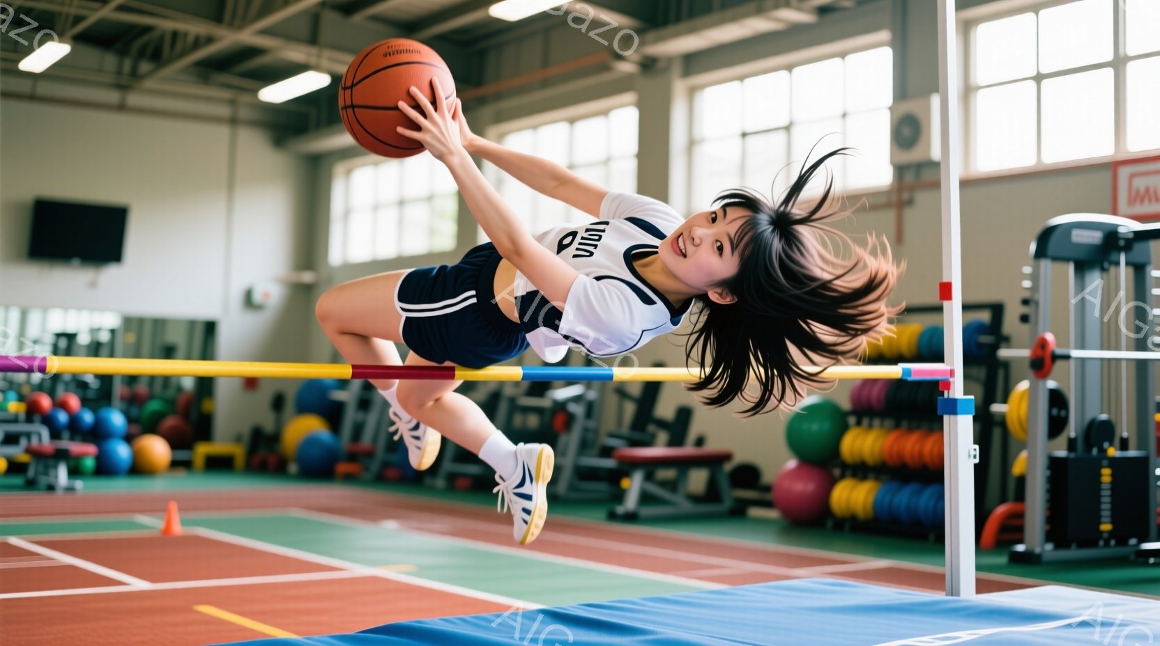 若い女性が体育館でバーを飛び越える瞬間を捉えた写真です。彼女は白い半袖シャツと紺色のショートパンツ、そして白とネイビーのスポーツシューズを着用し、長い黒髪が宙を舞っています。顔には決意に満ちた表情が見 - AI生成フリー素材
