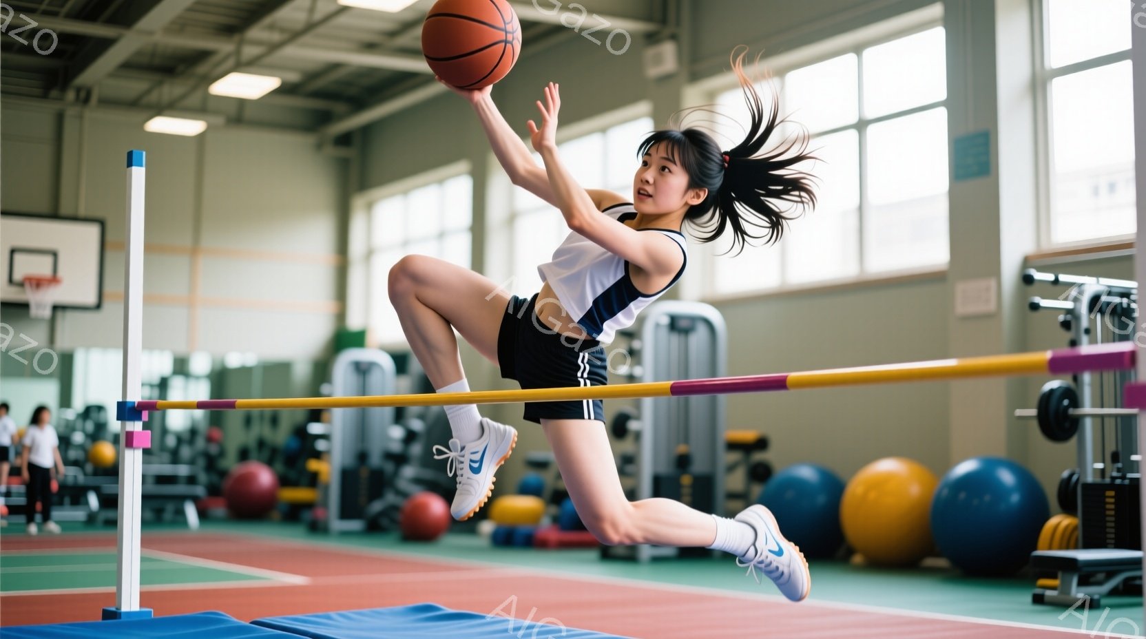 若い女性が、体操競技のバーを飛び越えようとしている瞬間が捉えられています。彼女は黒のスポーツブラとショーツ、白いスニーカーを着用し、髪を高いポニーテールに結んでいます。背景には、様々な体操器具やマット - AI生成フリー素材