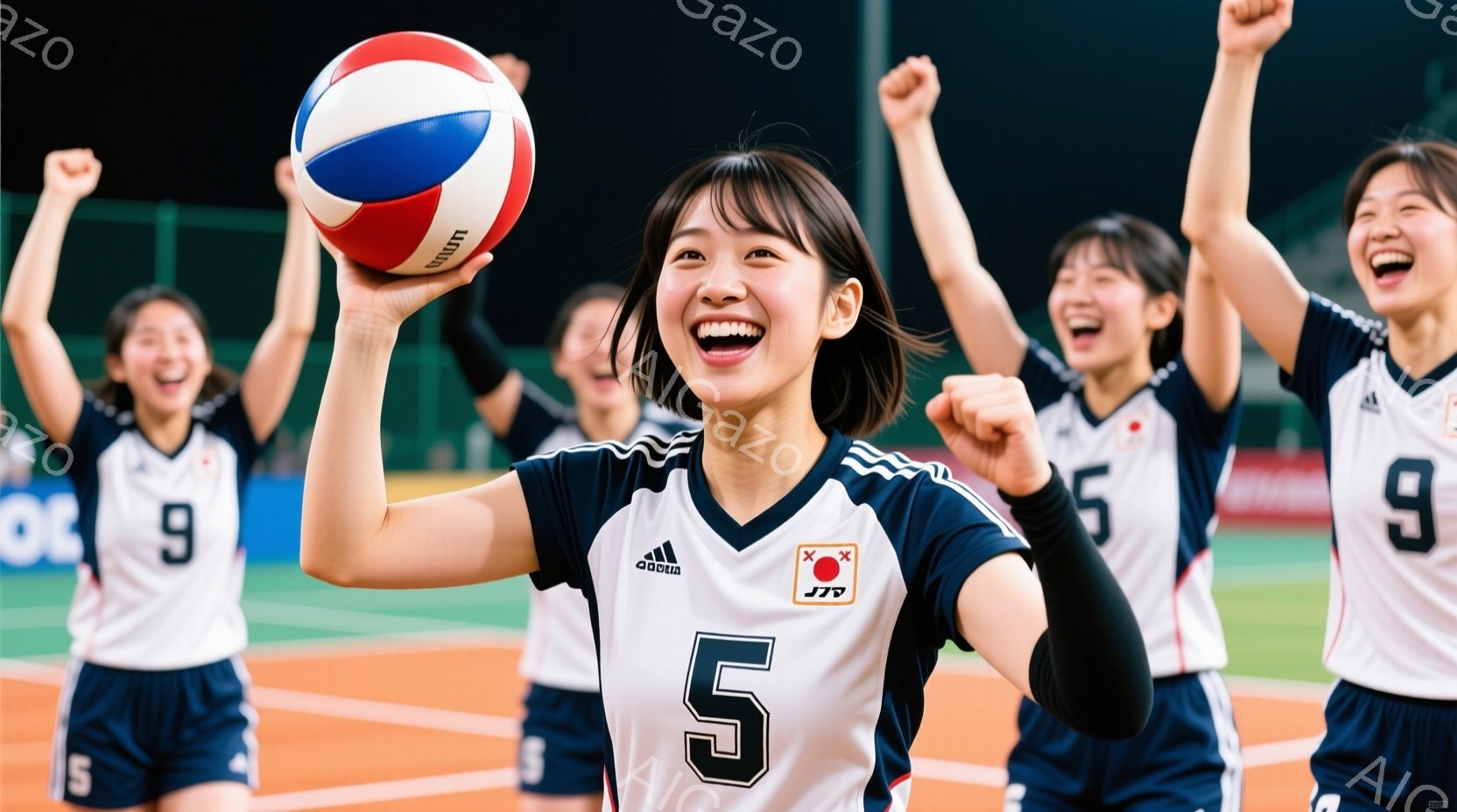 バレーボール選手たちが喜びにあふれた表情で、勝利を祝っている様子が写っている。紺色のユニフォームにはそれぞれ「5」や「9」の数字が大きく表示され、白と赤のラインがアクセントになっている。背景は屋外のコ - AI生成フリー素材