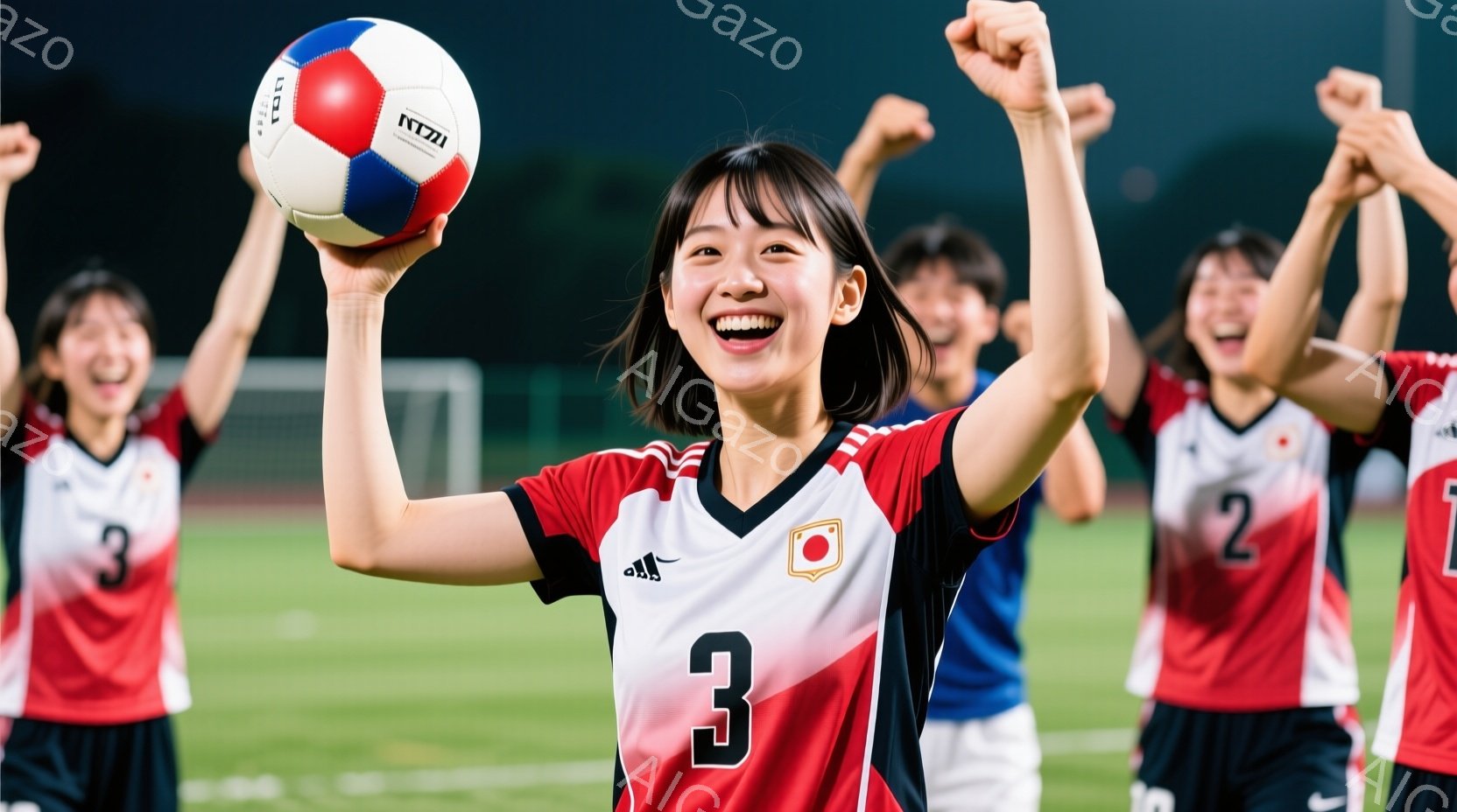 複数の若い女性サッカー選手が、緑の芝生の上で勝利を祝っている様子が写っている。彼女たちは赤いシャツに白い数字が書かれ、黒いショートパンツを着用し、笑顔で両手を高く上げている。背景にはぼやけた建物と緑豊 - AI生成フリー素材