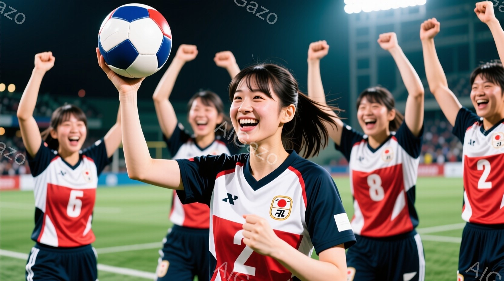 サッカーユニフォームを着た若い女性たちが写っており、歓喜の表情を浮かべている。彼女たちは、赤と白を基調としたユニフォームに、それぞれ異なる数字が書かれており、特に中央の女性は高く両手を上げ、サッカーボ - AI生成フリー素材